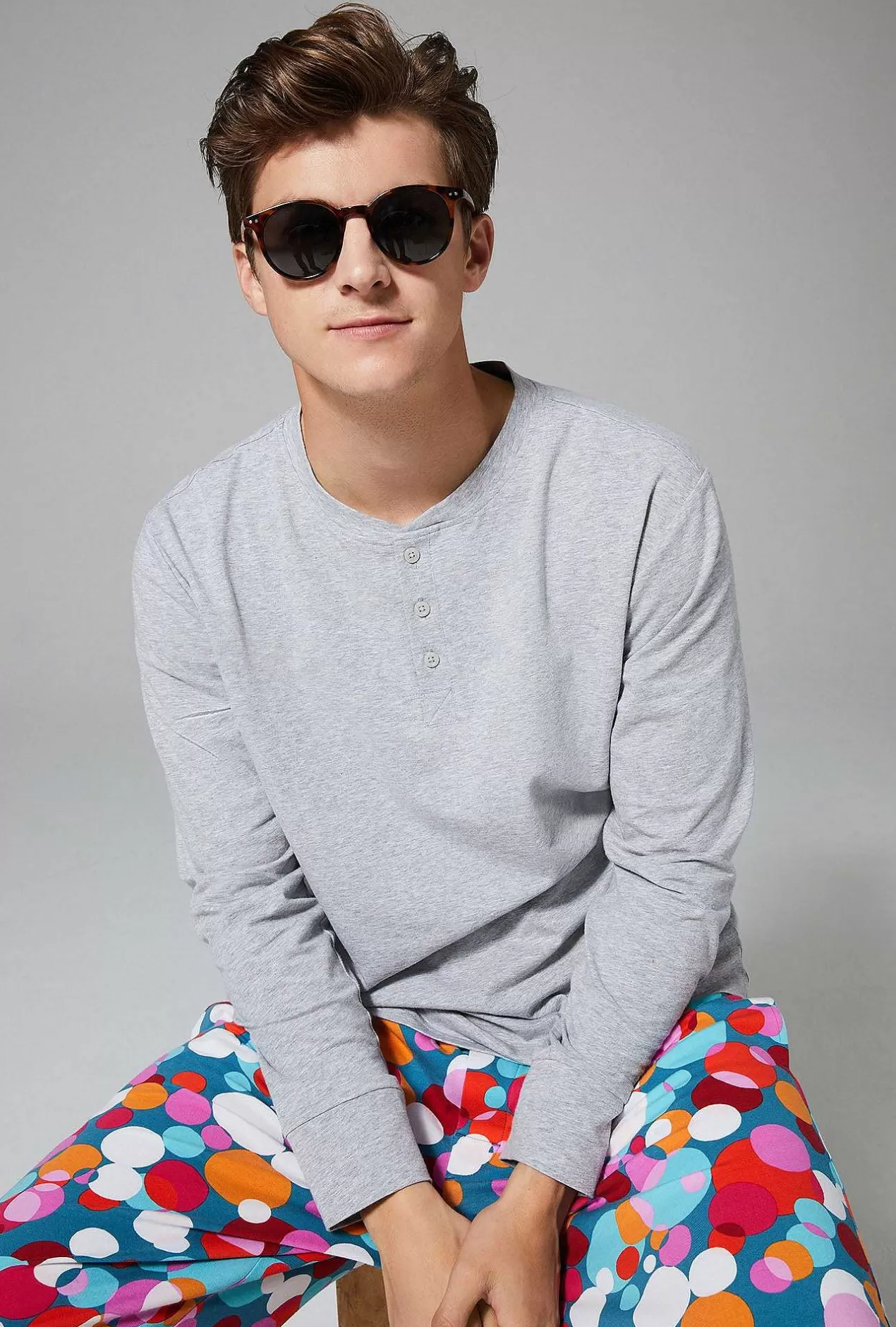 Lounge*Bedhead Pajamas Bedhead X Mr. Turk Teal Bubble Dots Men'S Long Sleeve Henley Stretch Jersey Pj Set