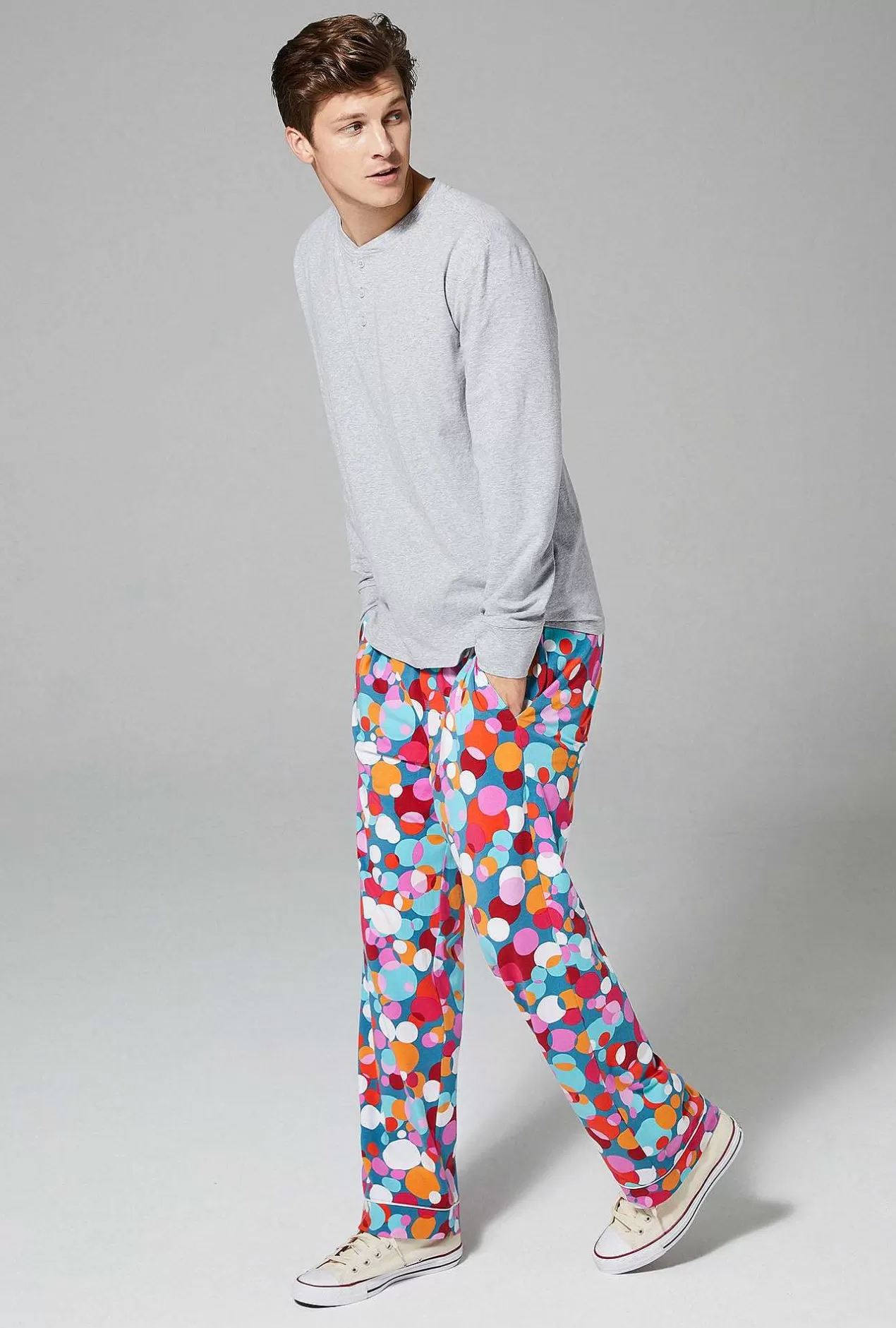 Lounge*Bedhead Pajamas Bedhead X Mr. Turk Teal Bubble Dots Men'S Long Sleeve Henley Stretch Jersey Pj Set