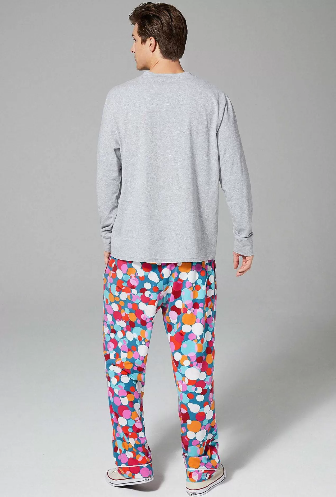 Lounge*Bedhead Pajamas Bedhead X Mr. Turk Teal Bubble Dots Men'S Long Sleeve Henley Stretch Jersey Pj Set