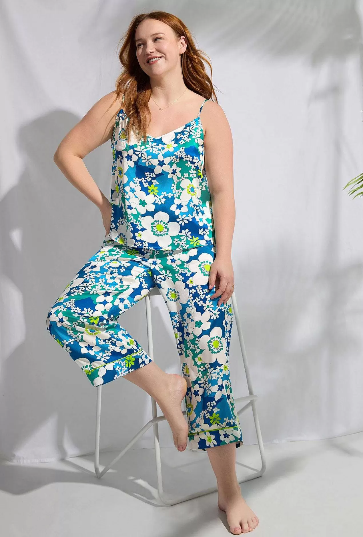Extended Sizes*Bedhead Pajamas Bedhead X Trina Turk Bali Blue Floral Women'S Cami Washable Silk Satin Cropped Pj Set