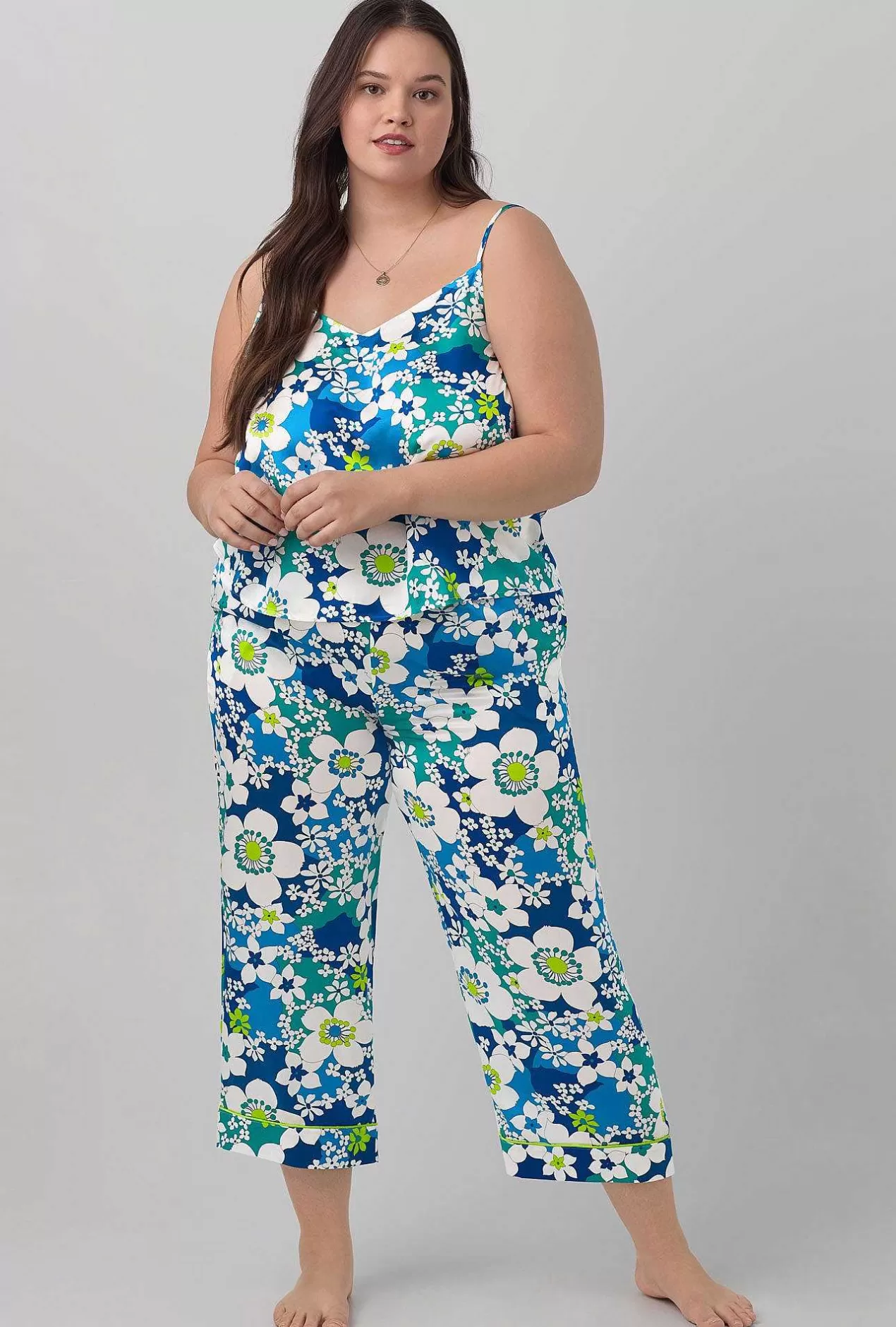 Cropped Sets*Bedhead Pajamas Bedhead X Trina Turk Bali Blue Floral Women'S Cami Washable Silk Satin Cropped Pj Set
