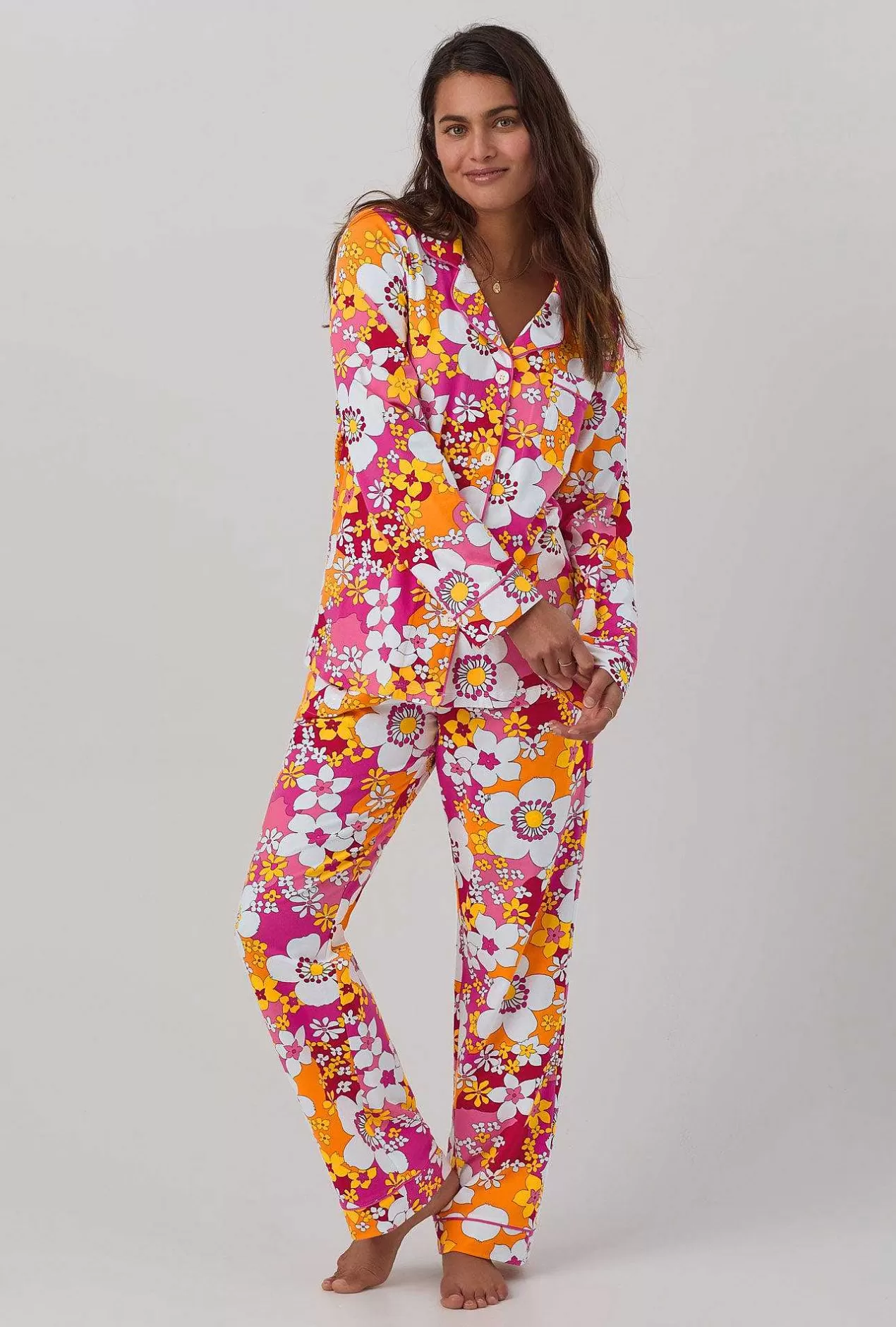 Extended Sizes*Bedhead Pajamas Bedhead X Trina Turk Bali Pink Floral Women'S Long Sleeve Classic Stretch Jersey Pj Set