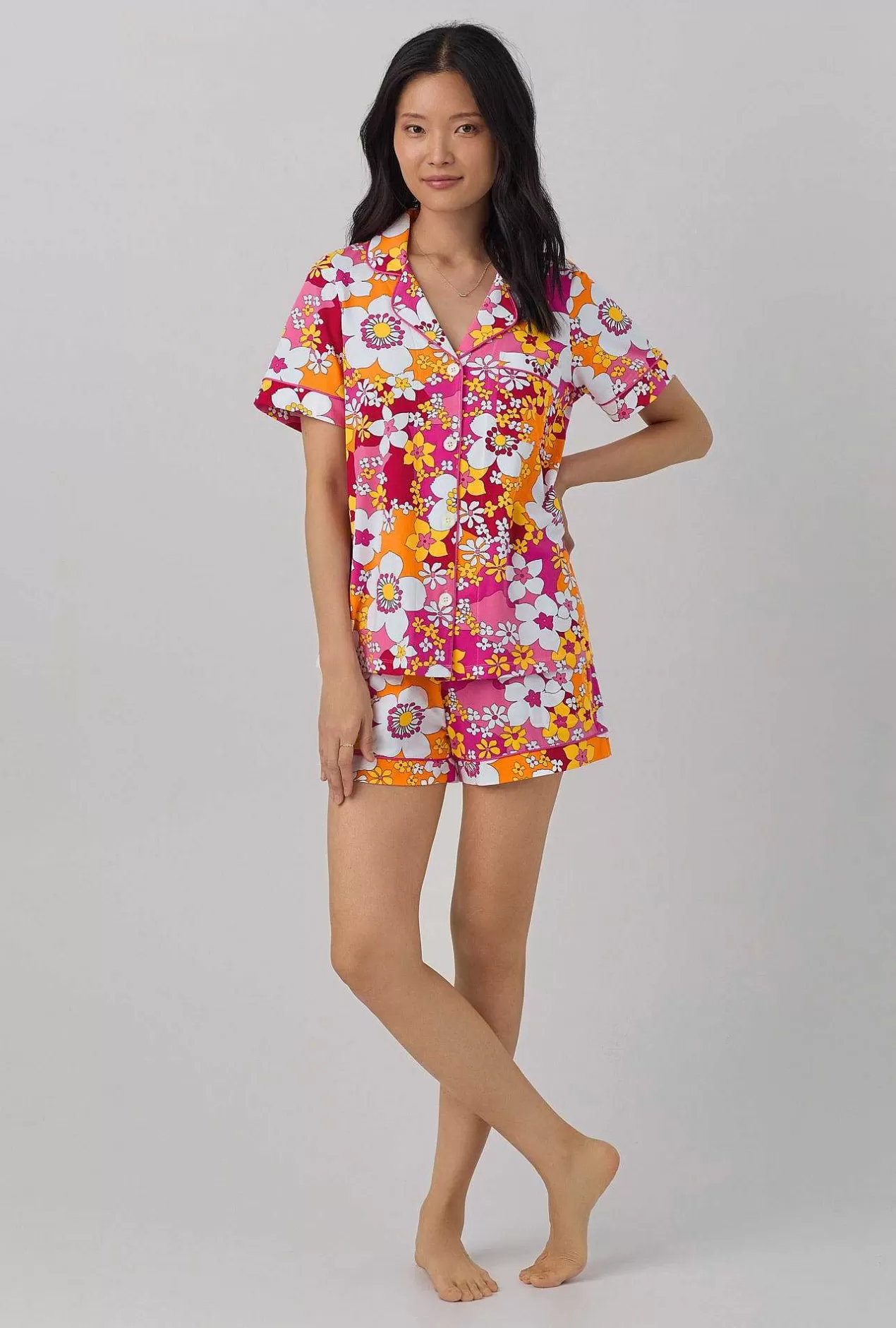 Extended Sizes*Bedhead Pajamas Bedhead X Trina Turk Bali Pink Floral Women'S Short Sleeve Classic Shorty Stretch Jersey Pj Set