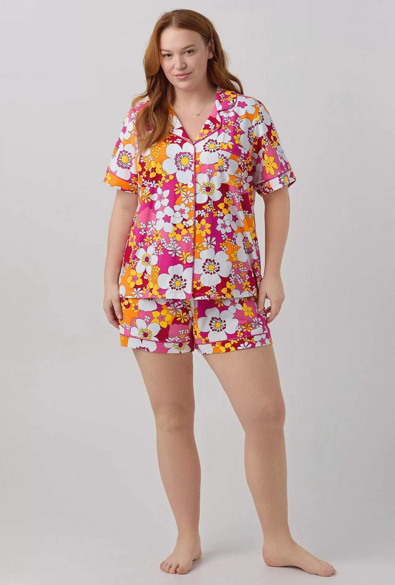Extended Sizes*Bedhead Pajamas Bedhead X Trina Turk Bali Pink Floral Women'S Short Sleeve Classic Shorty Stretch Jersey Pj Set