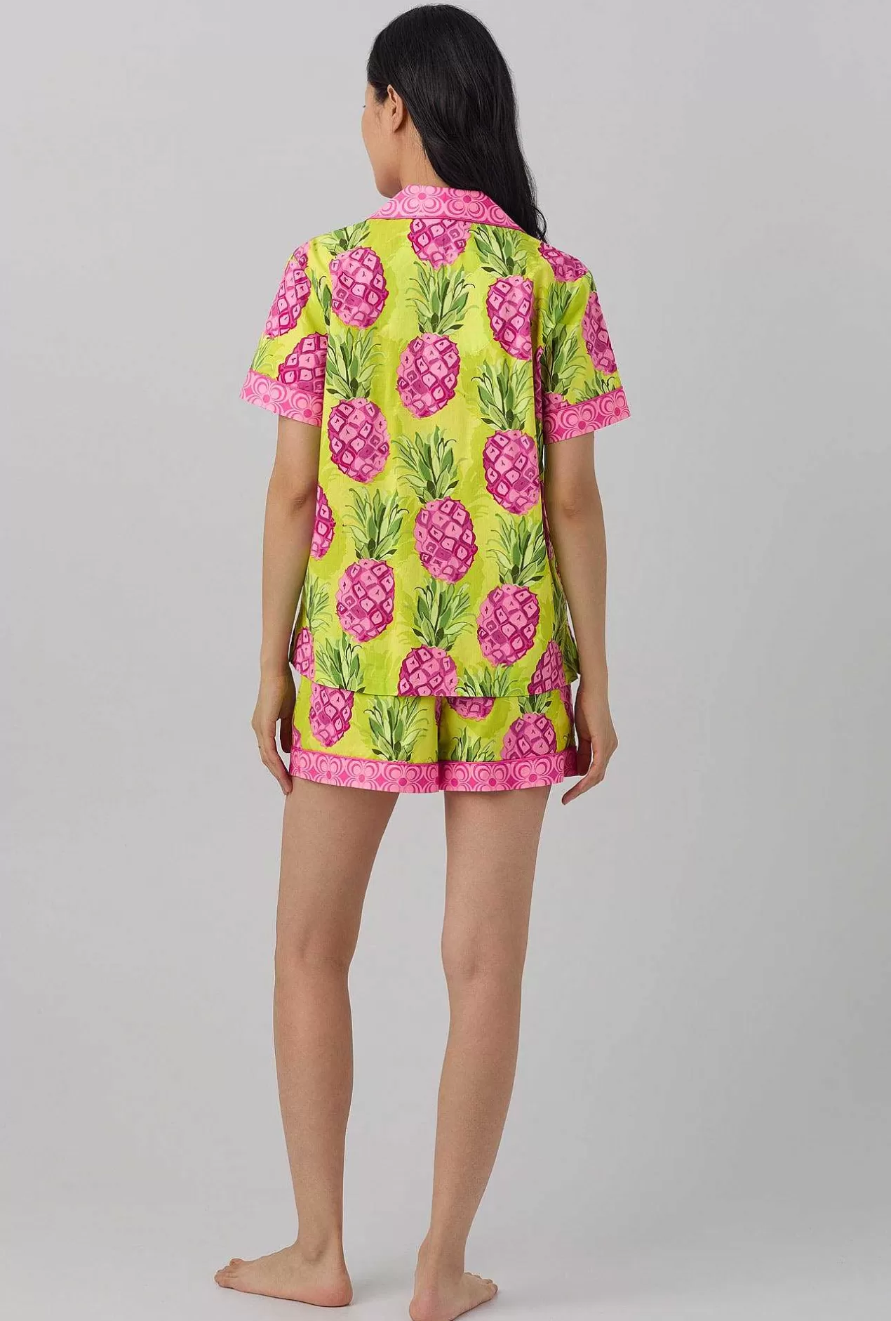 Extended Sizes*Bedhead Pajamas Bedhead X Trina Turk Kiwi Pineapple Short Sleeve Classic Shorty Woven Cotton Poplin Pj Set