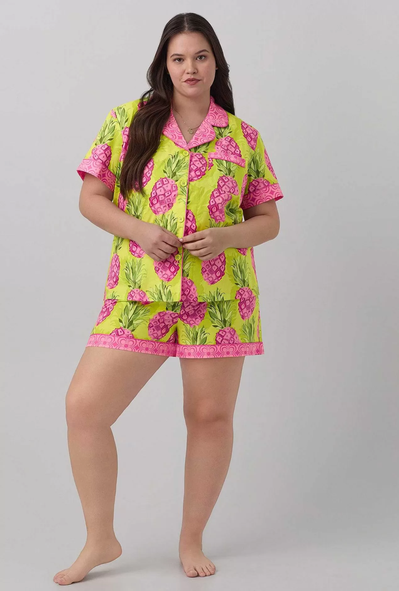 Shorty Sets*Bedhead Pajamas Bedhead X Trina Turk Kiwi Pineapple Short Sleeve Classic Shorty Woven Cotton Poplin Pj Set