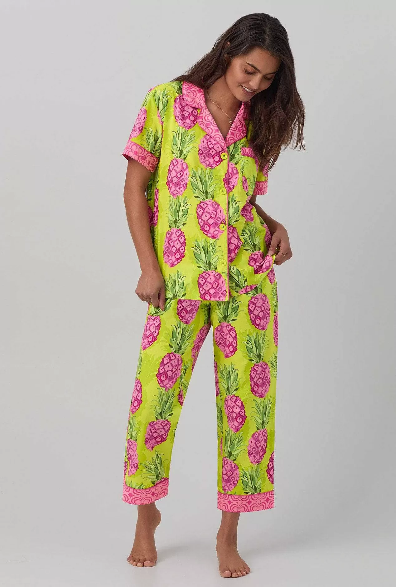 Cropped Sets*Bedhead Pajamas Bedhead X Trina Turk Kiwi Pineapple Short Sleeve Classic Woven Cotton Poplin Cropped Pj Set