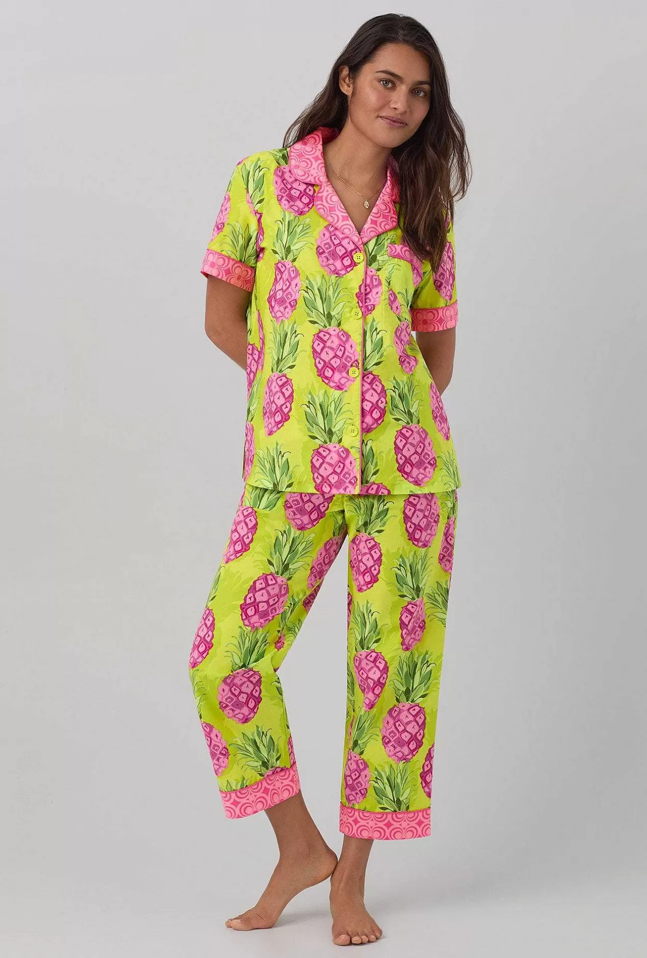 Extended Sizes*Bedhead Pajamas Bedhead X Trina Turk Kiwi Pineapple Short Sleeve Classic Woven Cotton Poplin Cropped Pj Set
