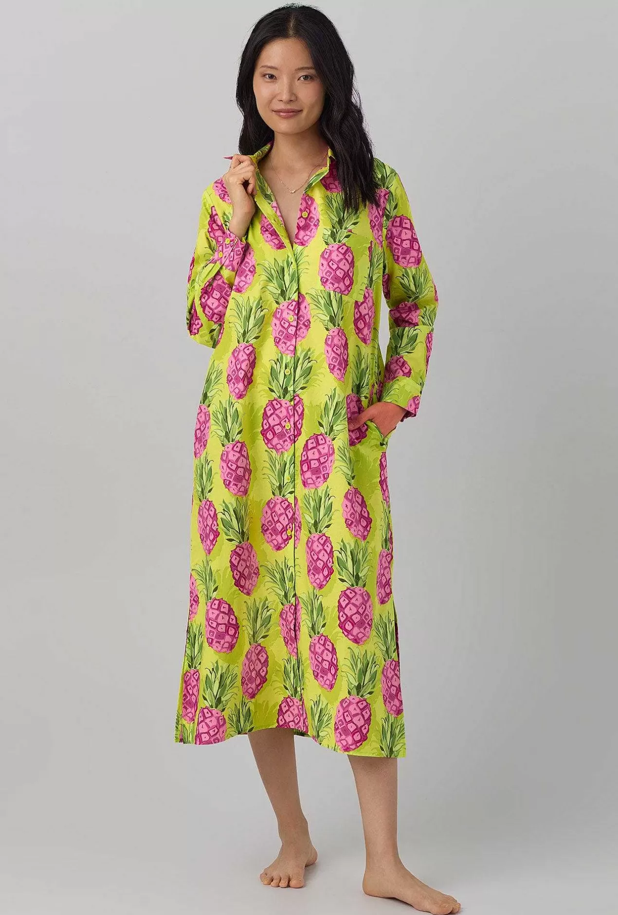 Extended Sizes*Bedhead Pajamas Bedhead X Trina Turk Kiwi Pineapple Women'S Long Sleeve Woven Cotton Poplin Maxi Shirt