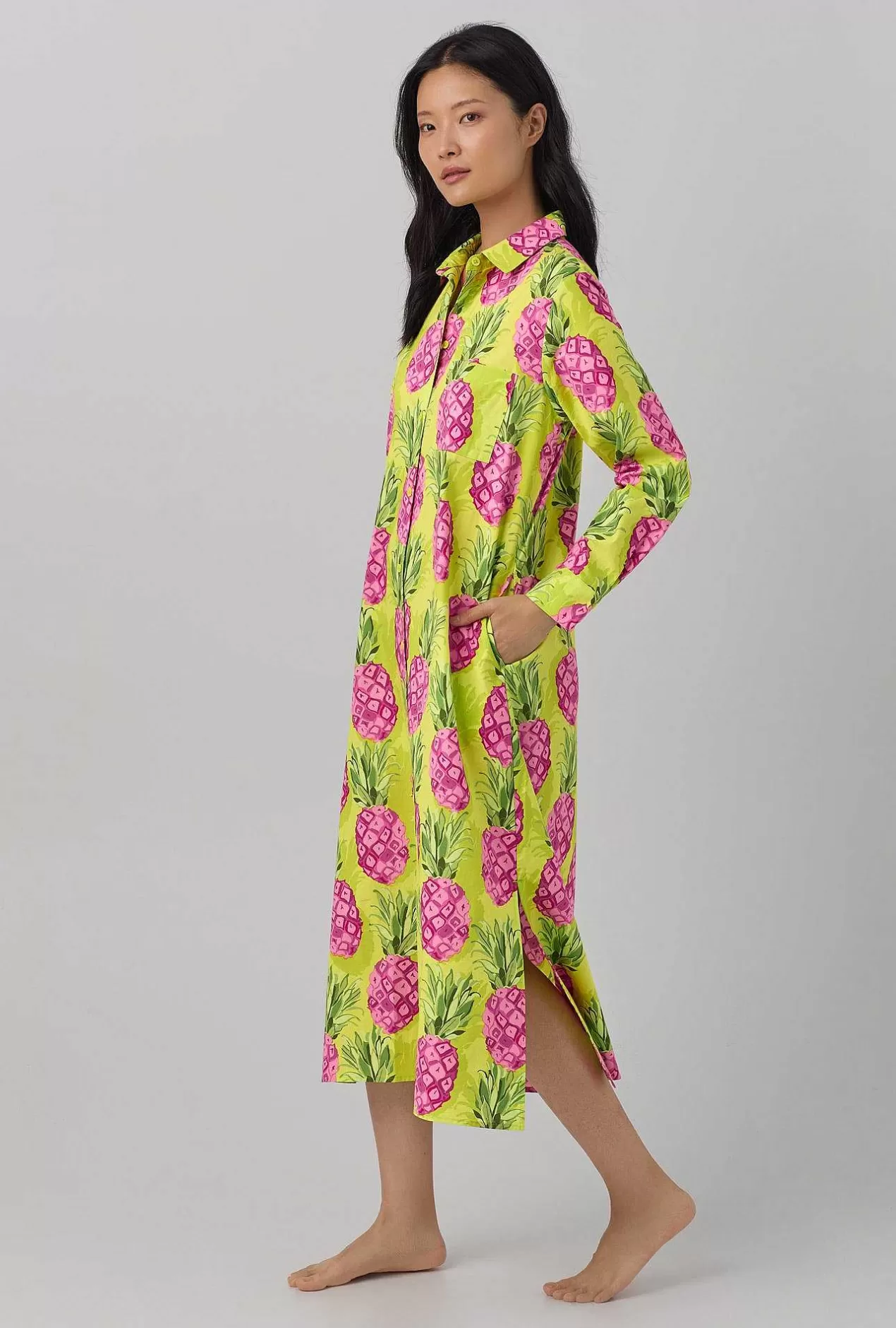 Sleepshirts & Chemises*Bedhead Pajamas Bedhead X Trina Turk Kiwi Pineapple Women'S Long Sleeve Woven Cotton Poplin Maxi Shirt
