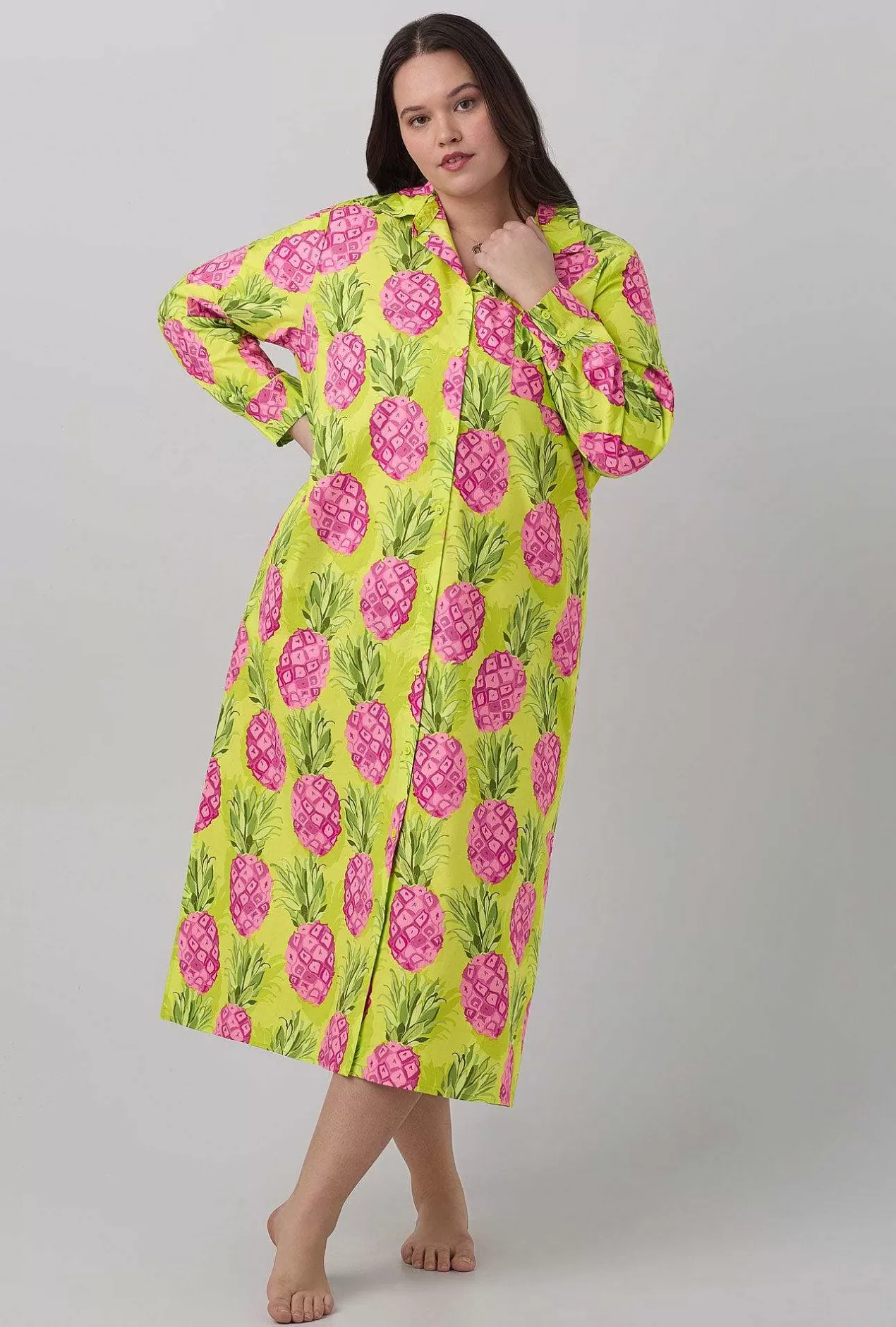 Sleepshirts & Chemises*Bedhead Pajamas Bedhead X Trina Turk Kiwi Pineapple Women'S Long Sleeve Woven Cotton Poplin Maxi Shirt