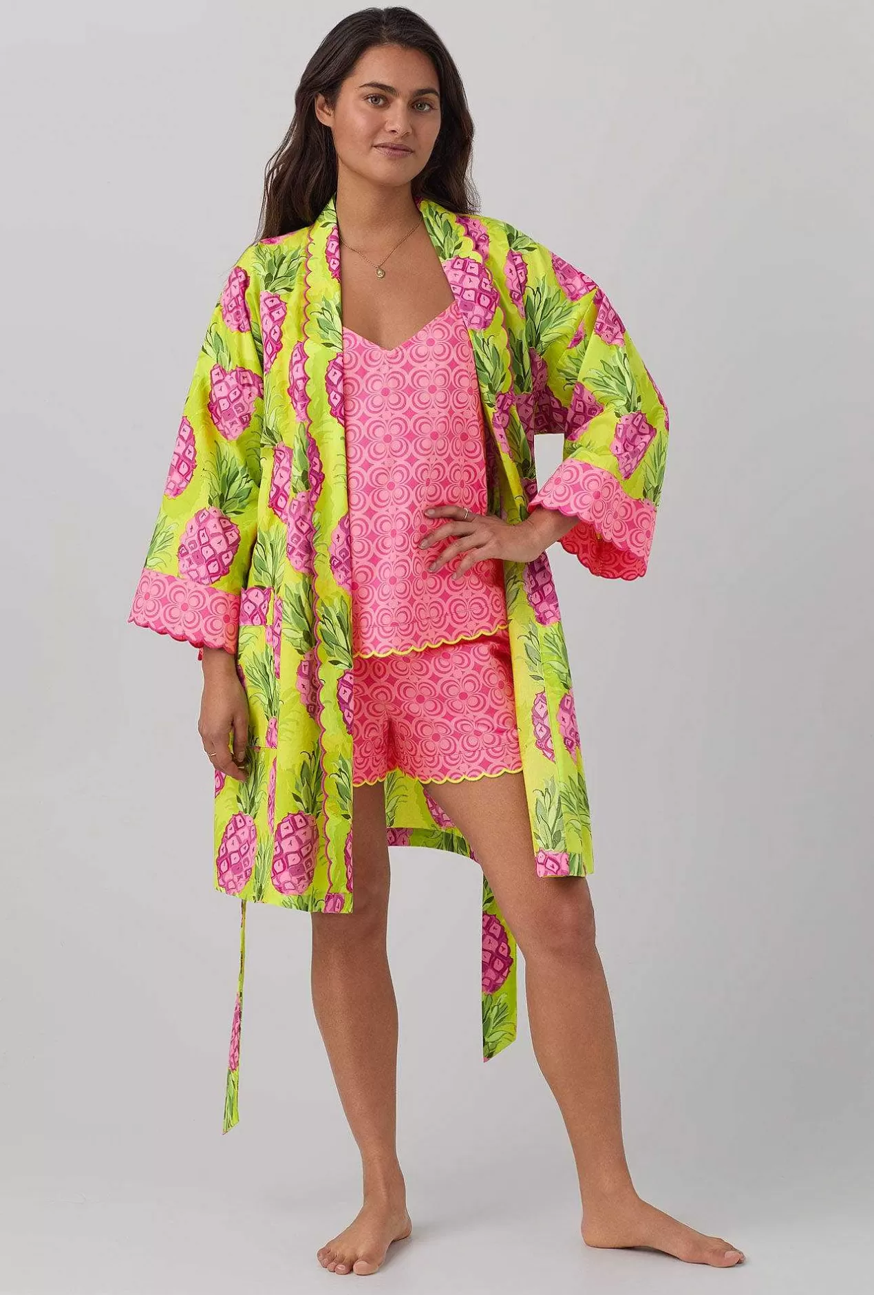Robes*Bedhead Pajamas Bedhead X Trina Turk Kiwi Pineapple Women'S Long Sleeve Woven Cotton Poplin Robe