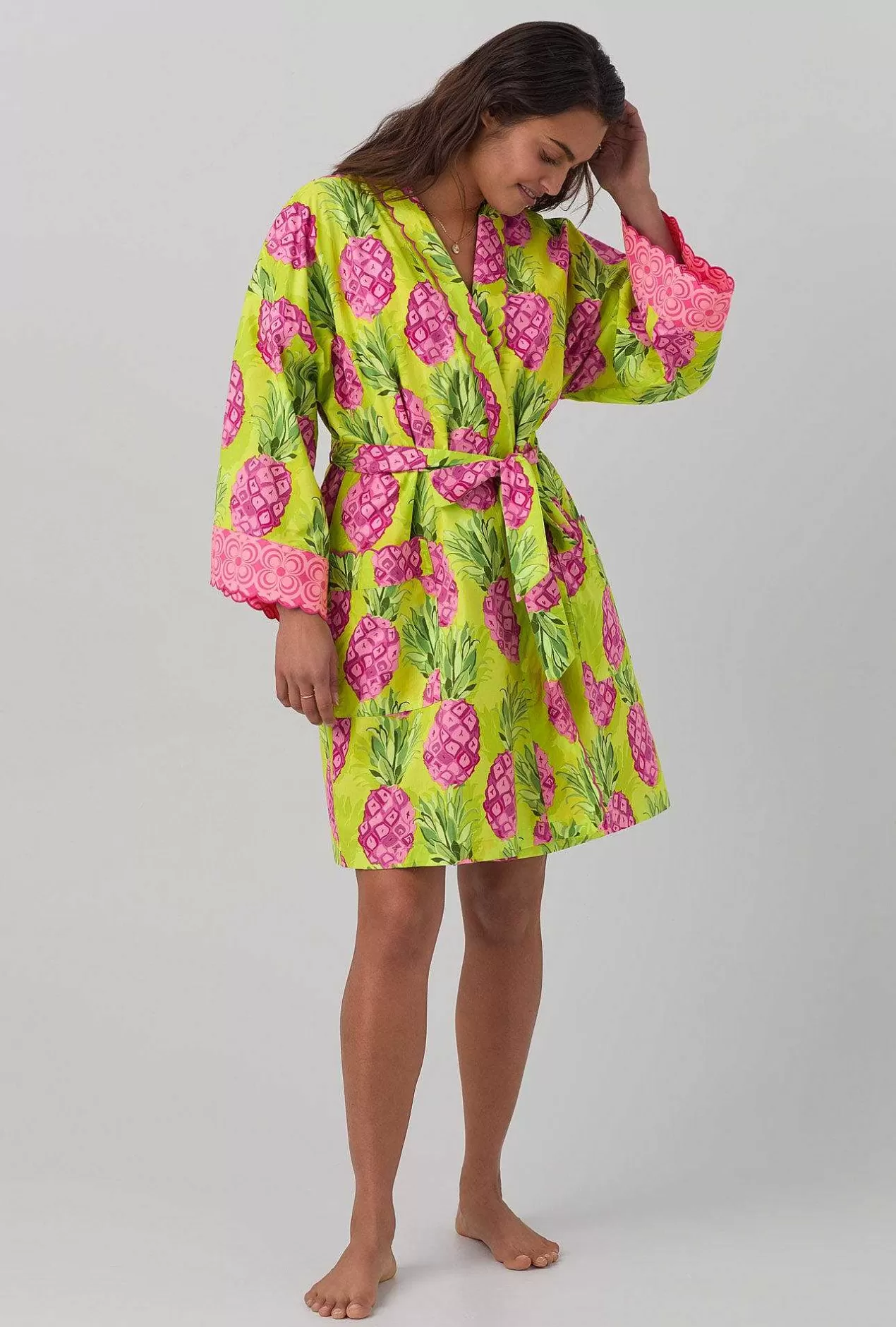 Robes*Bedhead Pajamas Bedhead X Trina Turk Kiwi Pineapple Women'S Long Sleeve Woven Cotton Poplin Robe