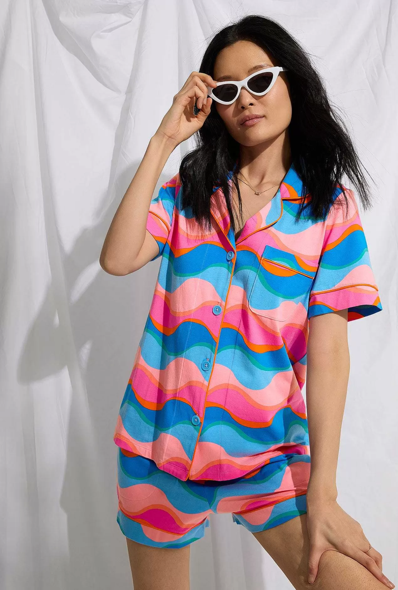 Extended Sizes*Bedhead Pajamas Bedhead X Trina Turk New Wave Women'S Short Sleeve Classic Shorty Stretch Jersey Pj Set