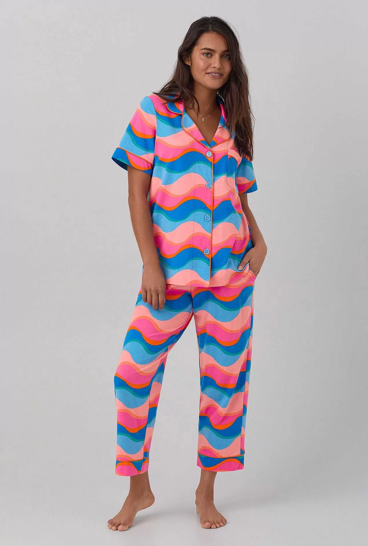Cropped Sets*Bedhead Pajamas Bedhead X Trina Turk New Wave Women'S Short Sleeve Classic Stretch Jersey Cropped Pj Set