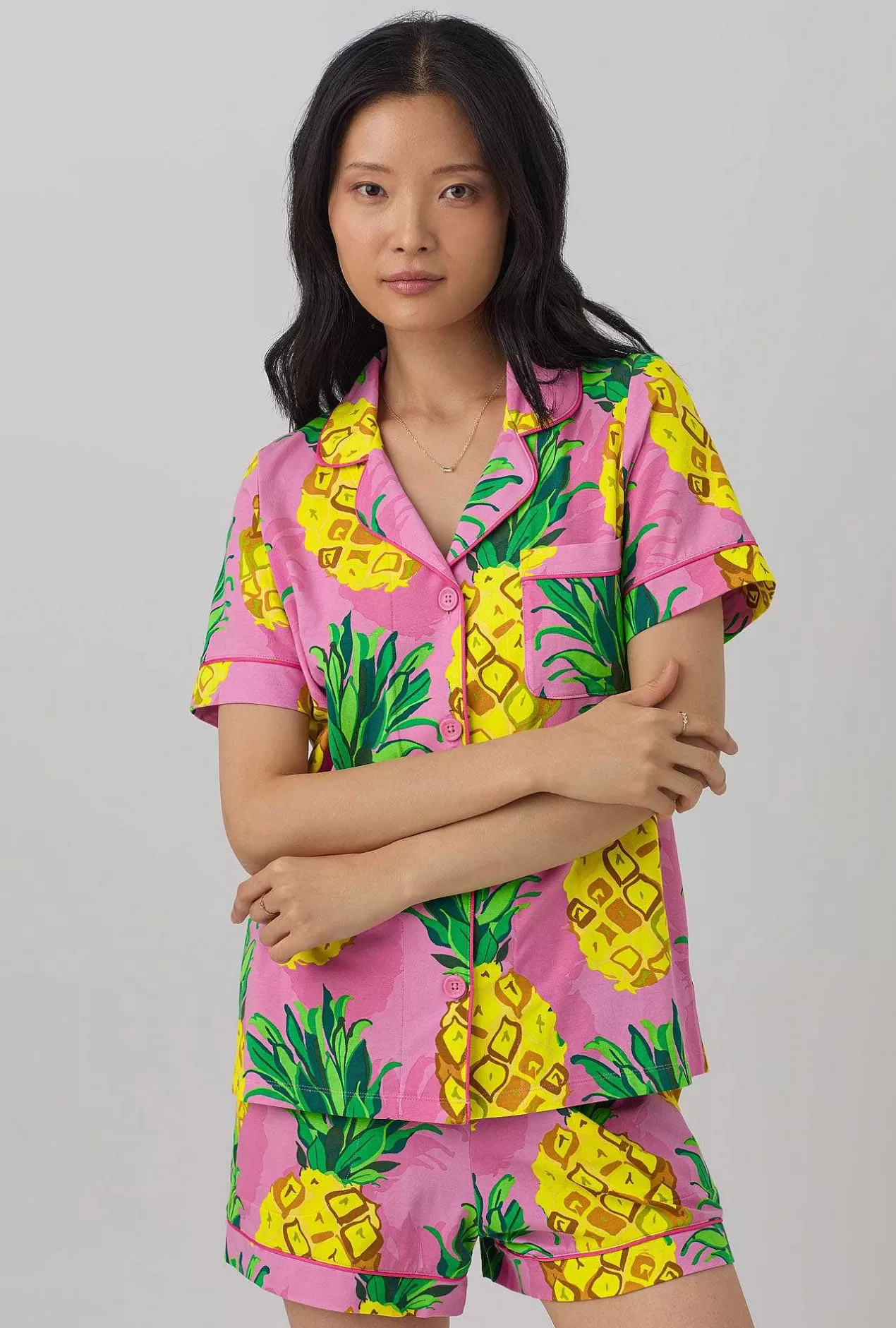 Extended Sizes*Bedhead Pajamas Bedhead X Trina Turk Pineapples Women'S Short Sleeve Classic Shorty Stretch Jersey Pj Set