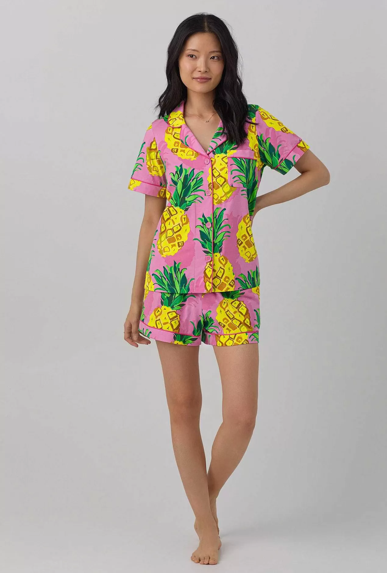 Extended Sizes*Bedhead Pajamas Bedhead X Trina Turk Pineapples Women'S Short Sleeve Classic Shorty Stretch Jersey Pj Set