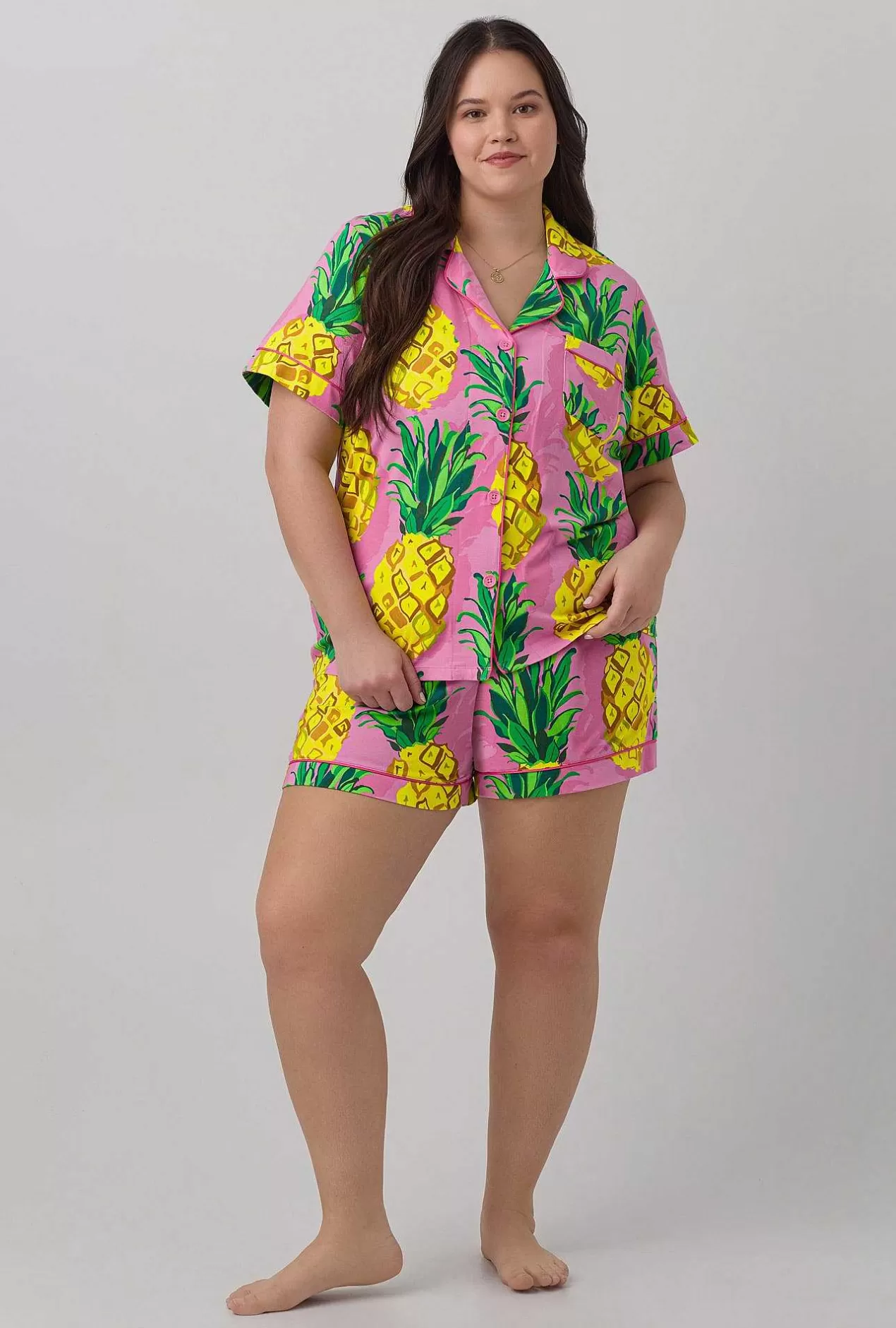 Extended Sizes*Bedhead Pajamas Bedhead X Trina Turk Pineapples Women'S Short Sleeve Classic Shorty Stretch Jersey Pj Set