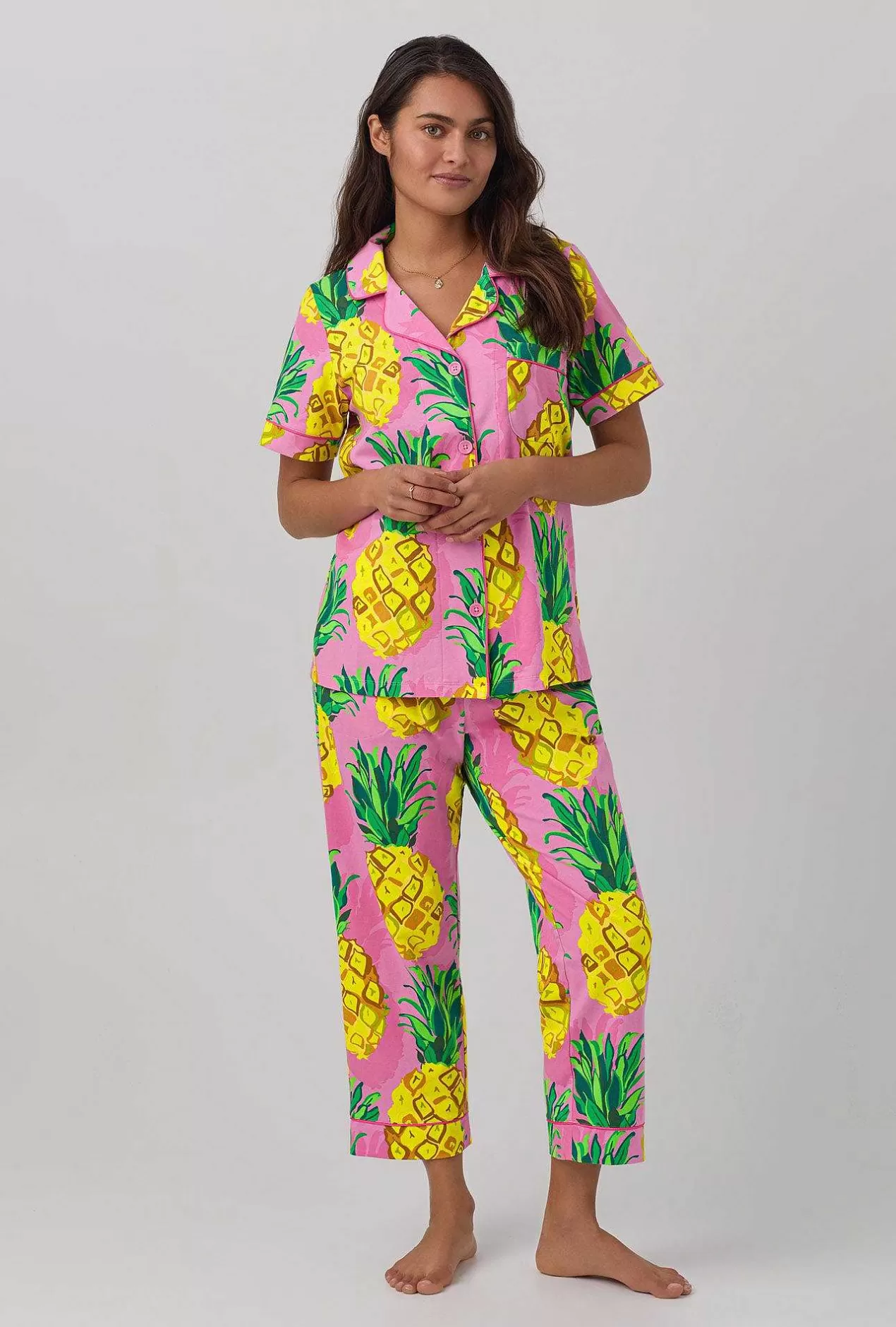 Extended Sizes*Bedhead Pajamas Bedhead X Trina Turk Pineapples Women'S Short Sleeve Classic Stretch Jersey Cropped Pj Set