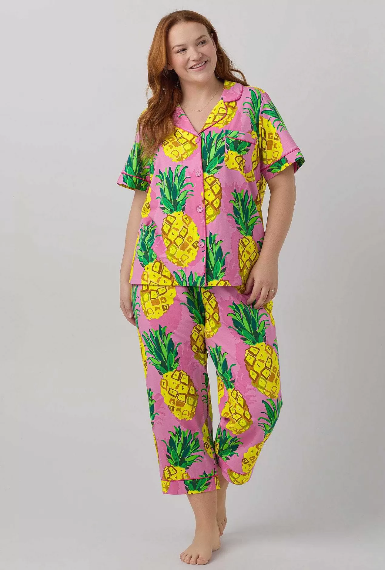 Cropped Sets*Bedhead Pajamas Bedhead X Trina Turk Pineapples Women'S Short Sleeve Classic Stretch Jersey Cropped Pj Set