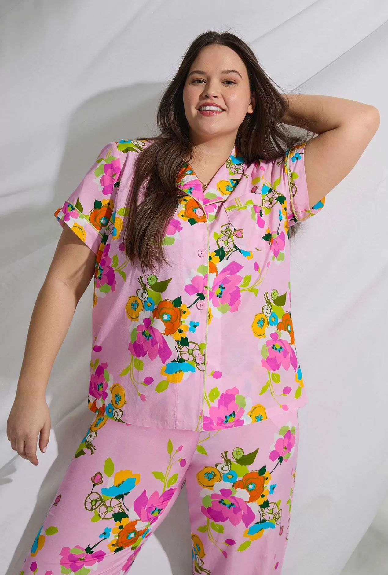 Extended Sizes*Bedhead Pajamas Bedhead X Trina Turk Summer Blooms Women'S Short Sleeve Classic Woven Cotton Silk Cropped Pj Set