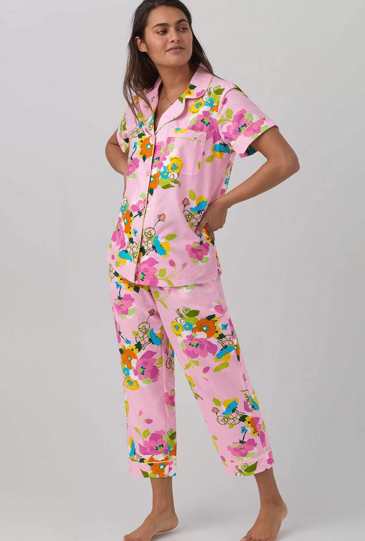 Floral Shop*Bedhead Pajamas Bedhead X Trina Turk Summer Blooms Women'S Short Sleeve Classic Woven Cotton Silk Cropped Pj Set