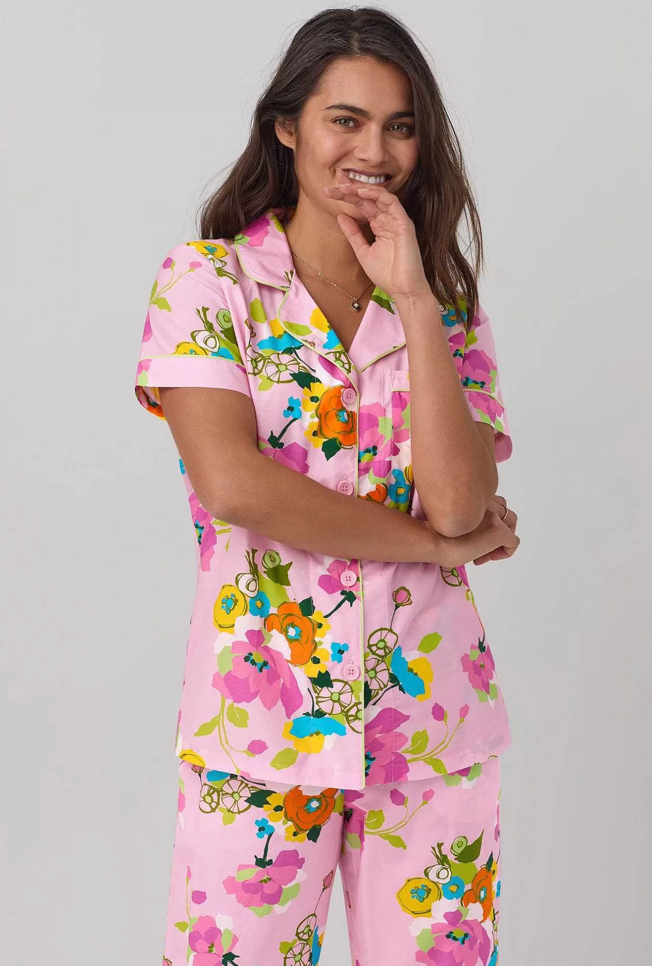 Floral Shop*Bedhead Pajamas Bedhead X Trina Turk Summer Blooms Women'S Short Sleeve Classic Woven Cotton Silk Cropped Pj Set
