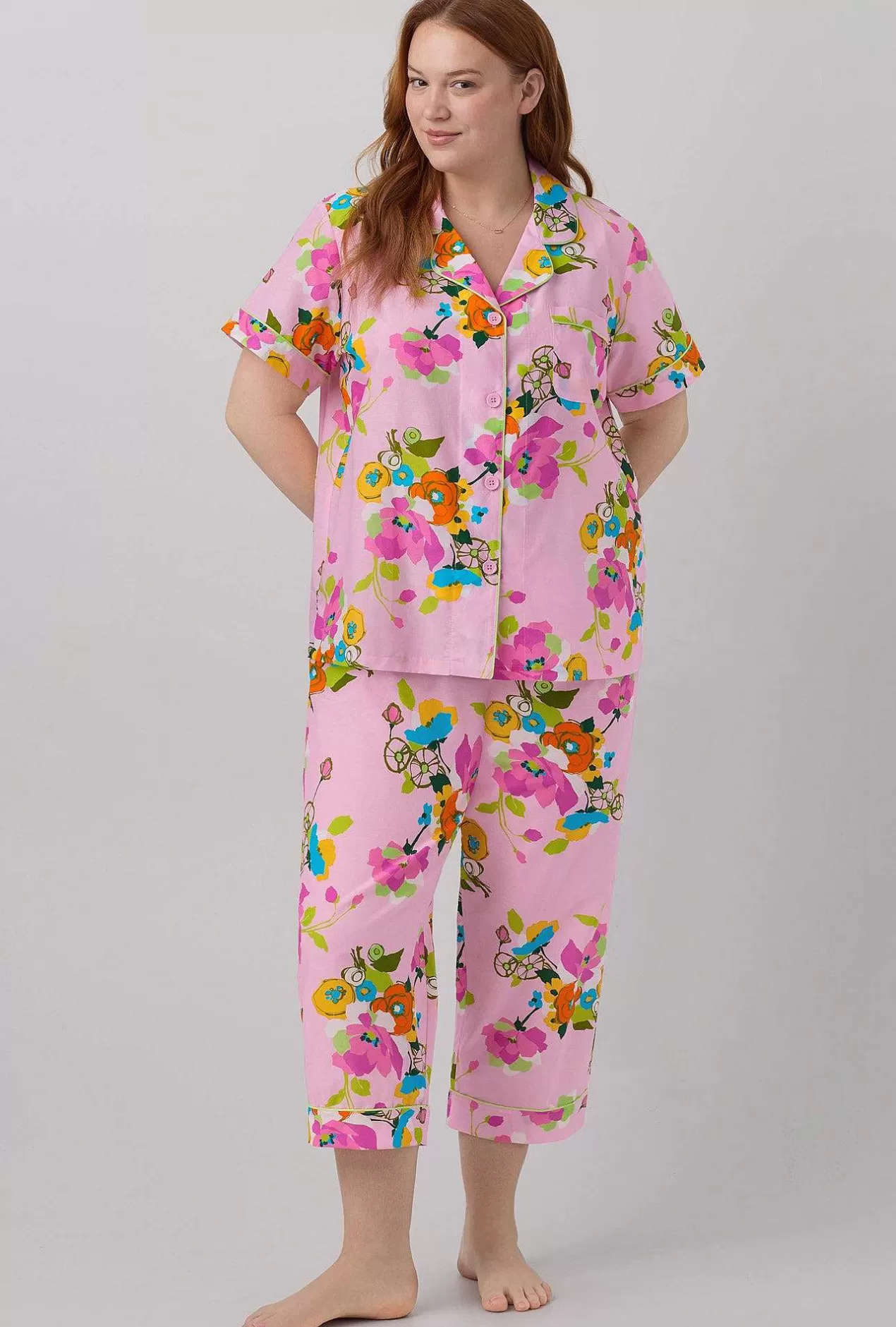 Cropped Sets*Bedhead Pajamas Bedhead X Trina Turk Summer Blooms Women'S Short Sleeve Classic Woven Cotton Silk Cropped Pj Set