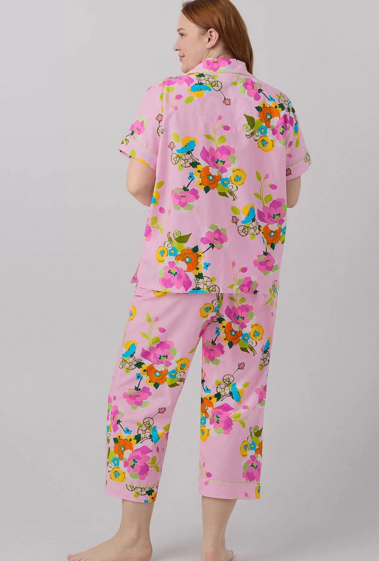 Extended Sizes*Bedhead Pajamas Bedhead X Trina Turk Summer Blooms Women'S Short Sleeve Classic Woven Cotton Silk Cropped Pj Set
