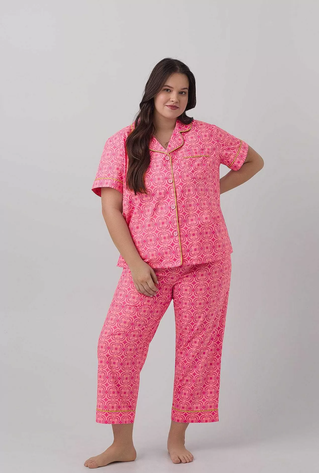 Cropped Sets*Bedhead Pajamas Bedhead X Trina Turk Summer Geo Short Sleeve Classic Woven Cotton Poplin Cropped Pj Set