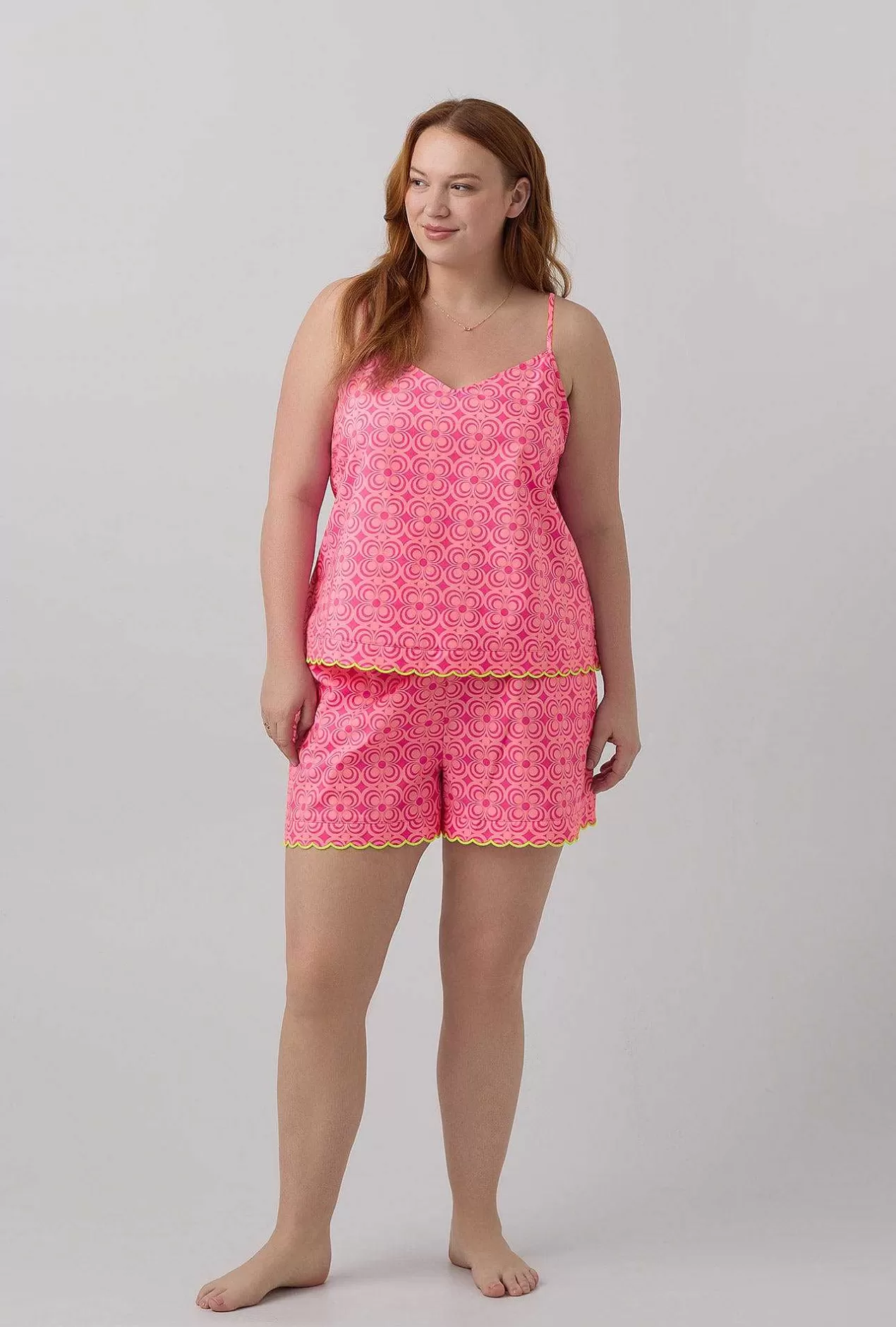 Extended Sizes*Bedhead Pajamas Bedhead X Trina Turk Summer Geo Women'S Scallop Cami Woven Cotton Poplin Shorty Pj Set