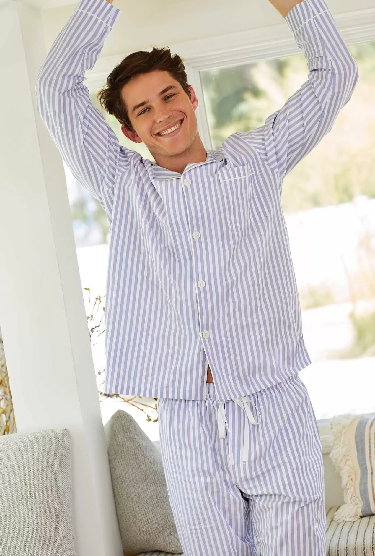 Notch Collar Long Sleep Sets*Bedhead Pajamas Blue 3D Stripe Men'S Long Sleeve Classic Woven Cotton Sateen Pj Set