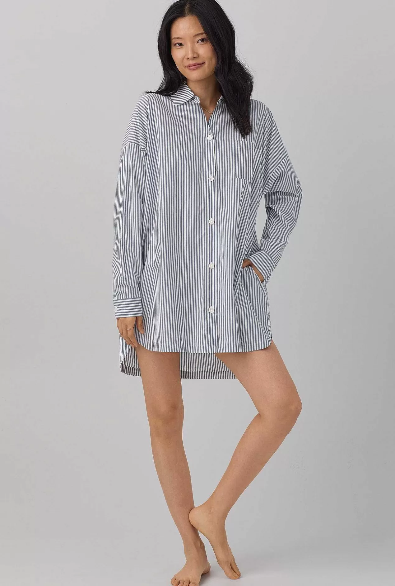Mother'S Day*Bedhead Pajamas Blue South Shore Stripe High Low Woven Cotton Poplin Boyfriend Shirt
