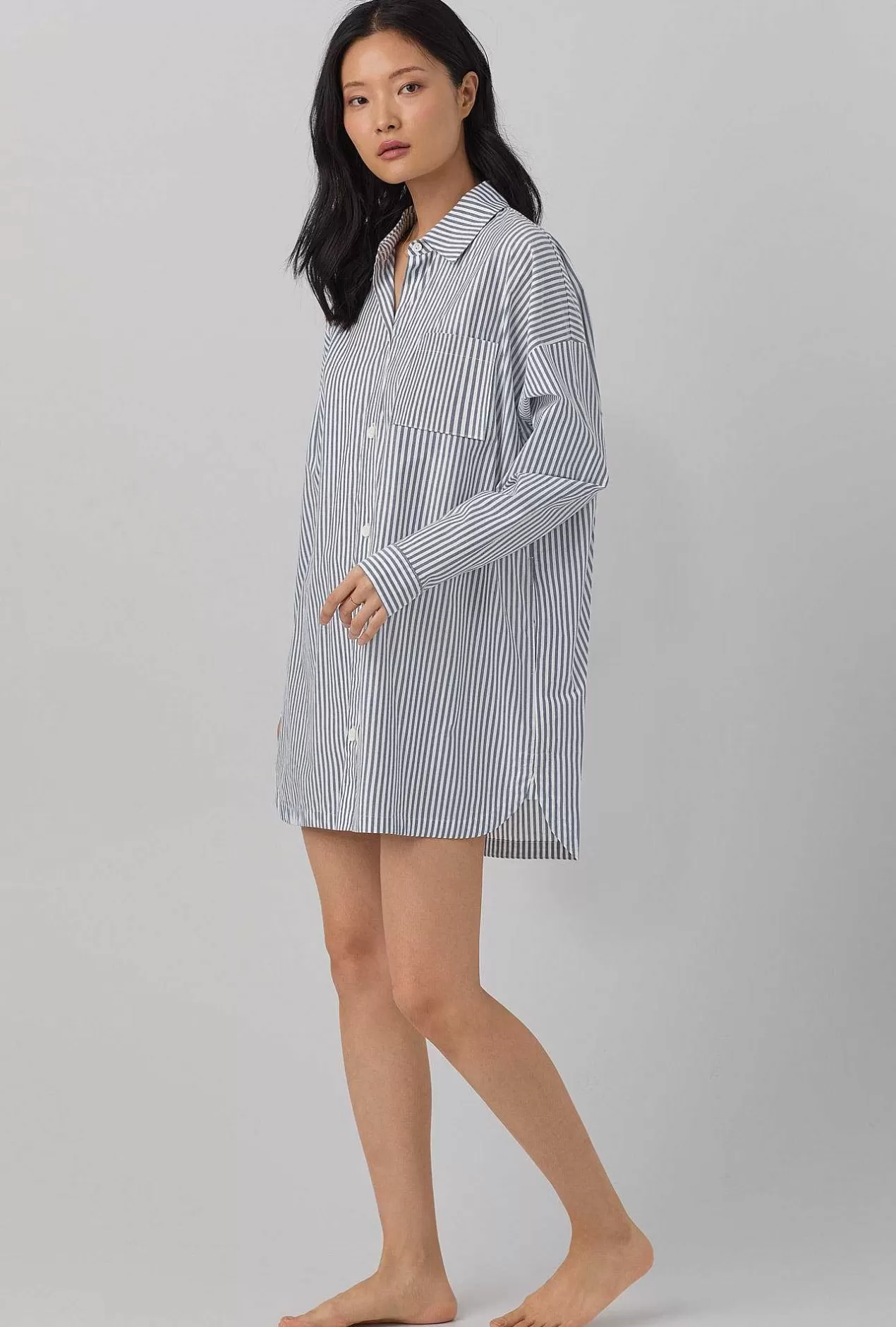 Sleepshirts & Chemises*Bedhead Pajamas Blue South Shore Stripe High Low Woven Cotton Poplin Boyfriend Shirt