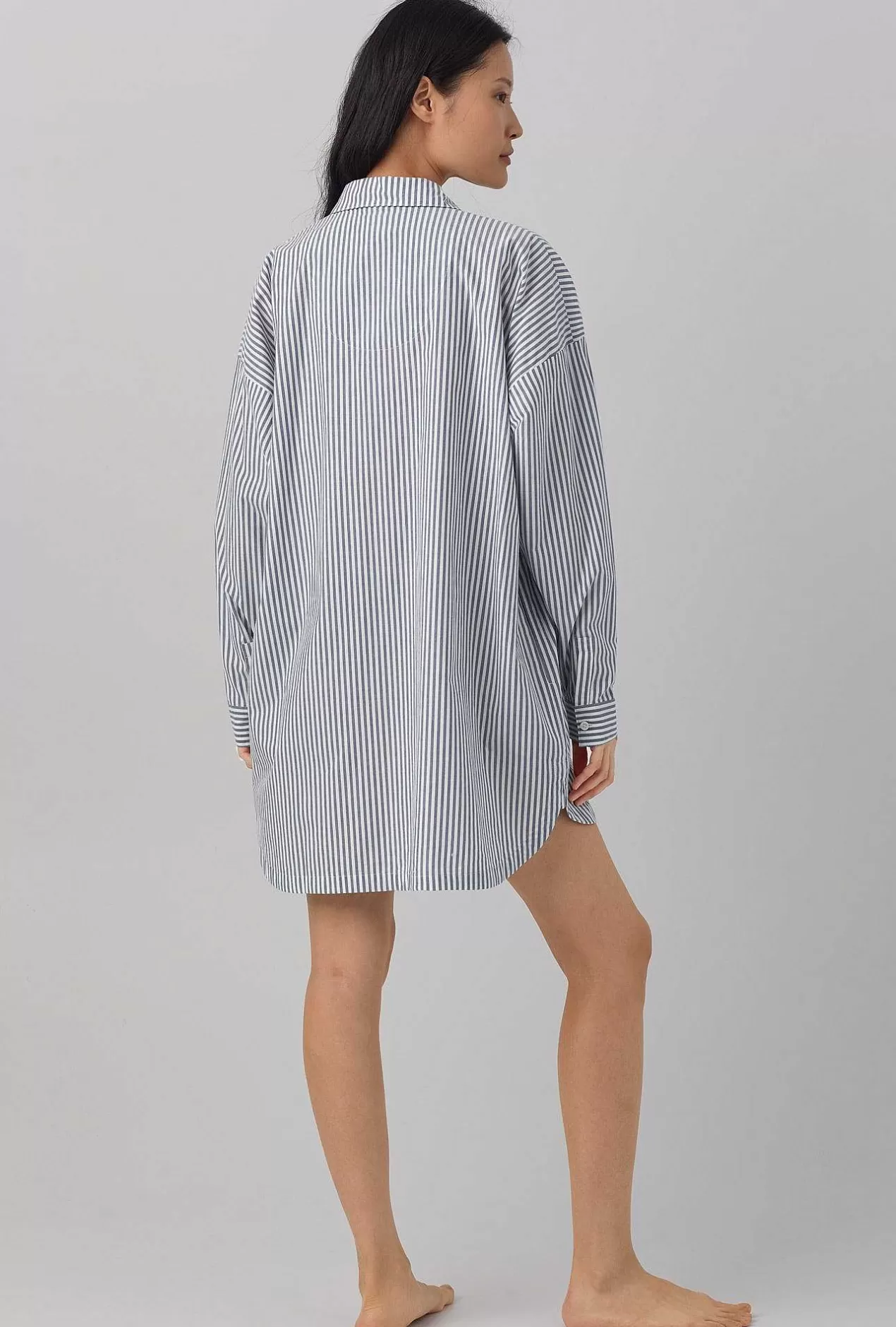 Sleepshirts & Chemises*Bedhead Pajamas Blue South Shore Stripe High Low Woven Cotton Poplin Boyfriend Shirt