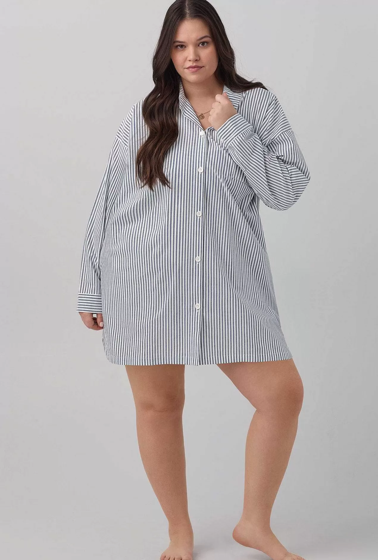 Extended Sizes*Bedhead Pajamas Blue South Shore Stripe High Low Woven Cotton Poplin Boyfriend Shirt