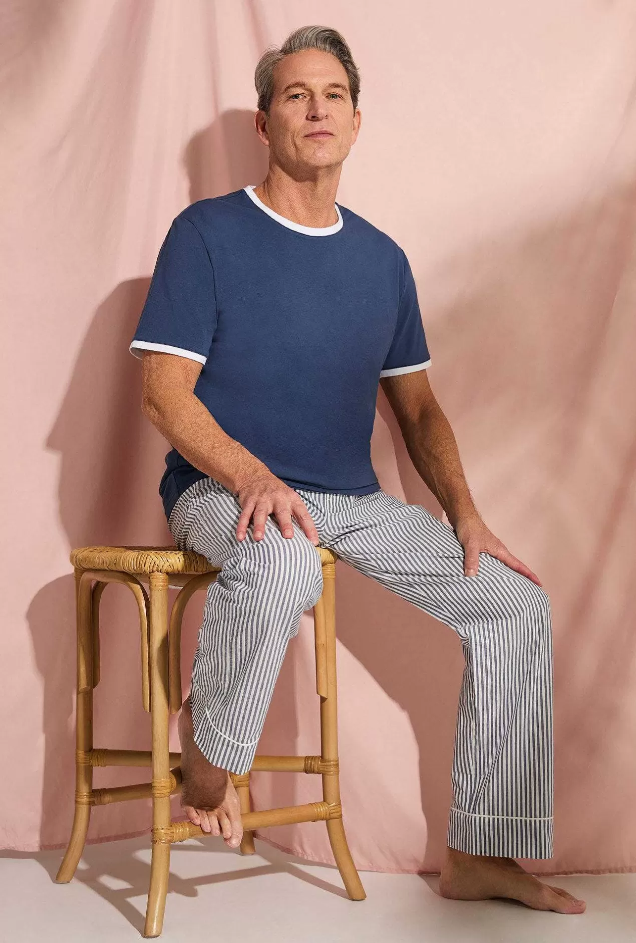 Stripe Shop*Bedhead Pajamas Blue South Shore Stripe Men'S Short Sleeve Tee Woven Cotton Poplin Pj Set