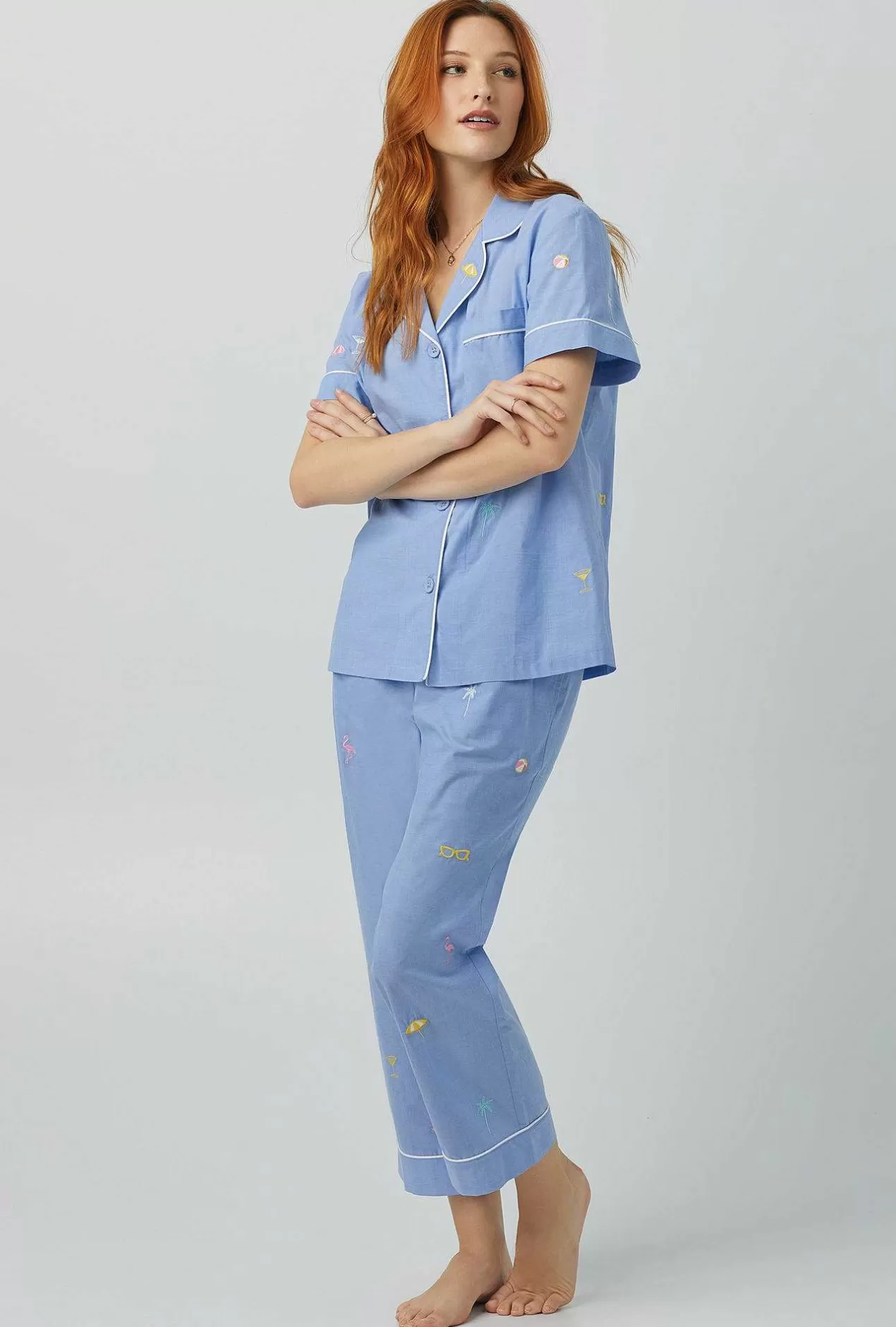 Extended Sizes*Bedhead Pajamas Chambray Short Sleeve Classic Woven Cotton Poplin Cropped Pj Set