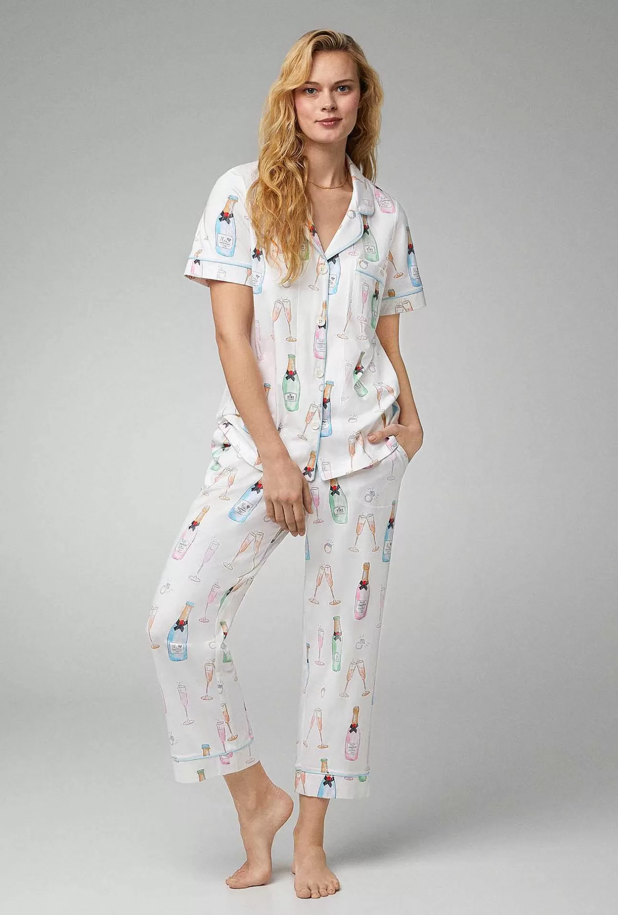 Extended Sizes*Bedhead Pajamas Champagne Wedding Short Sleeve Classic Stretch Jersey Cropped Pj Set