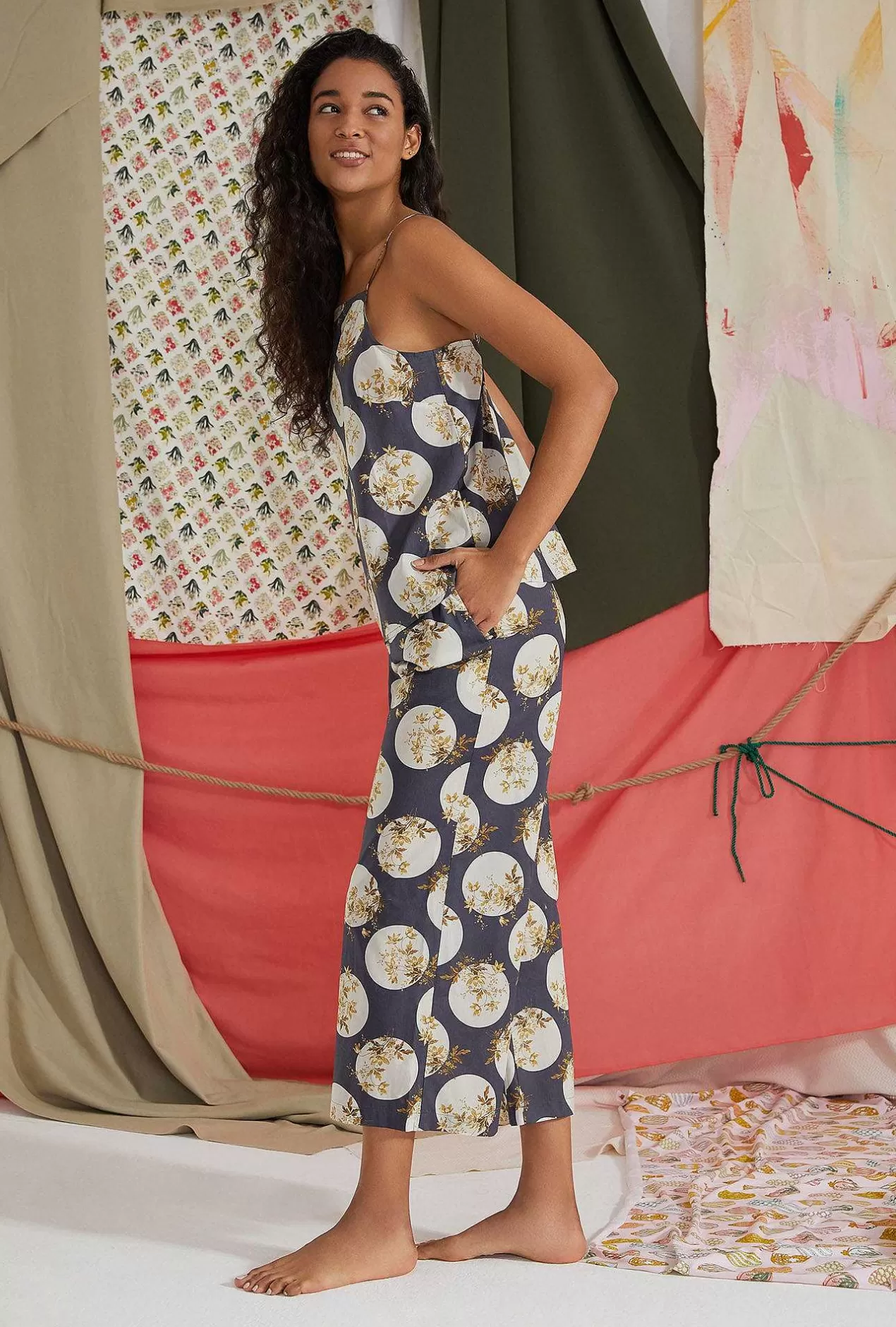 Made With Liberty Fabrics*Bedhead Pajamas Charcoal Posey Square Neck Tank Woven Cotton Tana Lawn® Cropped Pj Set Made With Liberty Fabrics