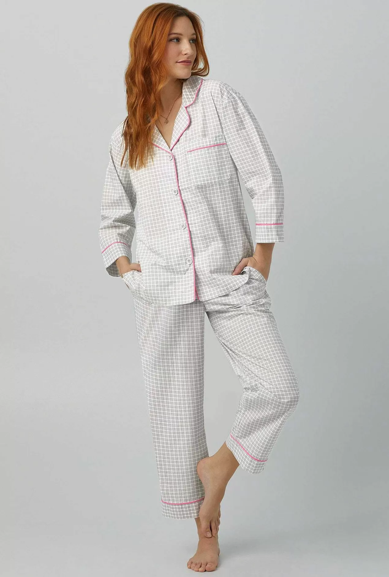 Cropped Sets*Bedhead Pajamas Cottage Plaid 3/4 Sleeve Classic Woven Cotton Poplin Cropped Pj Set
