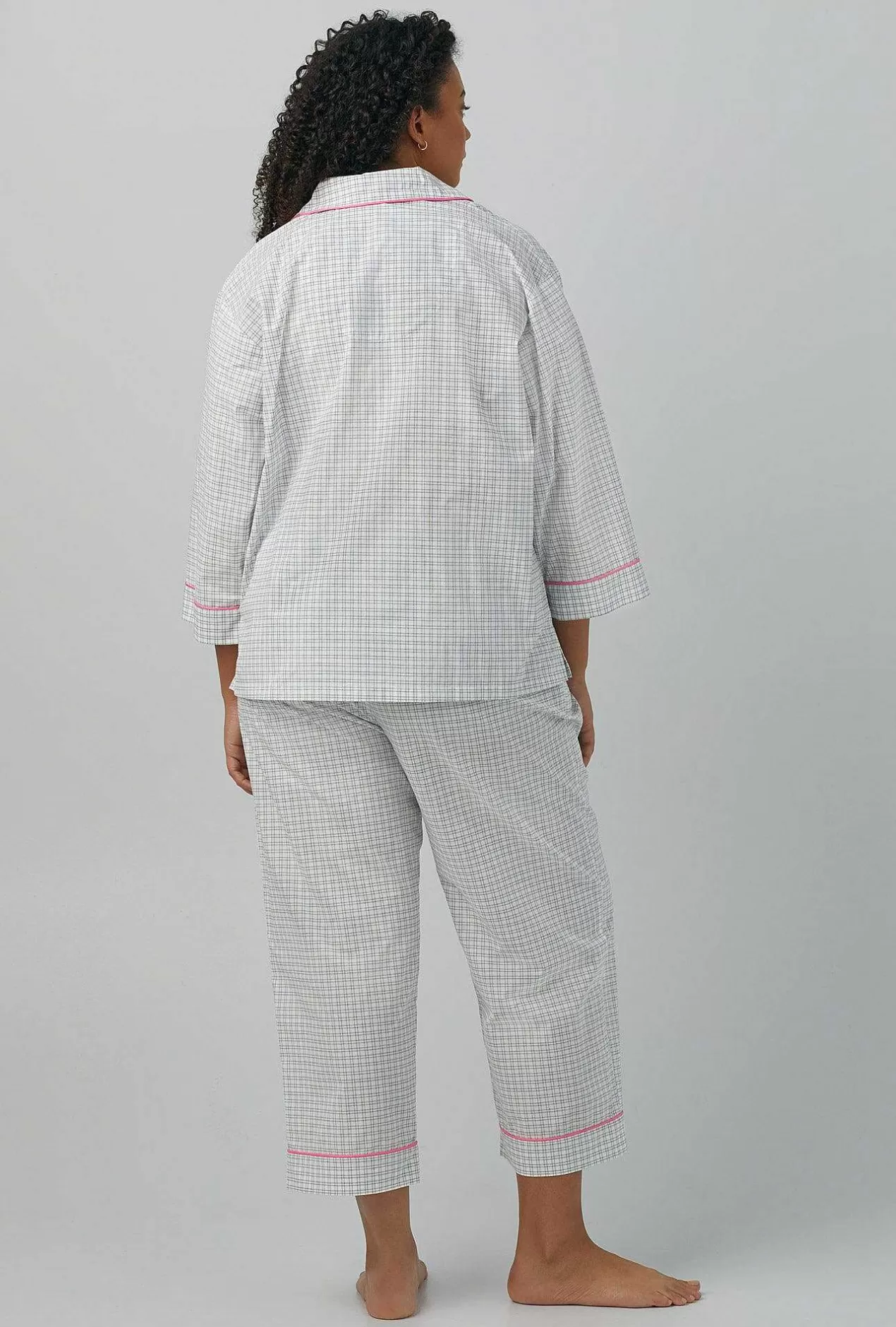Cropped Sets*Bedhead Pajamas Cottage Plaid 3/4 Sleeve Classic Woven Cotton Poplin Cropped Pj Set