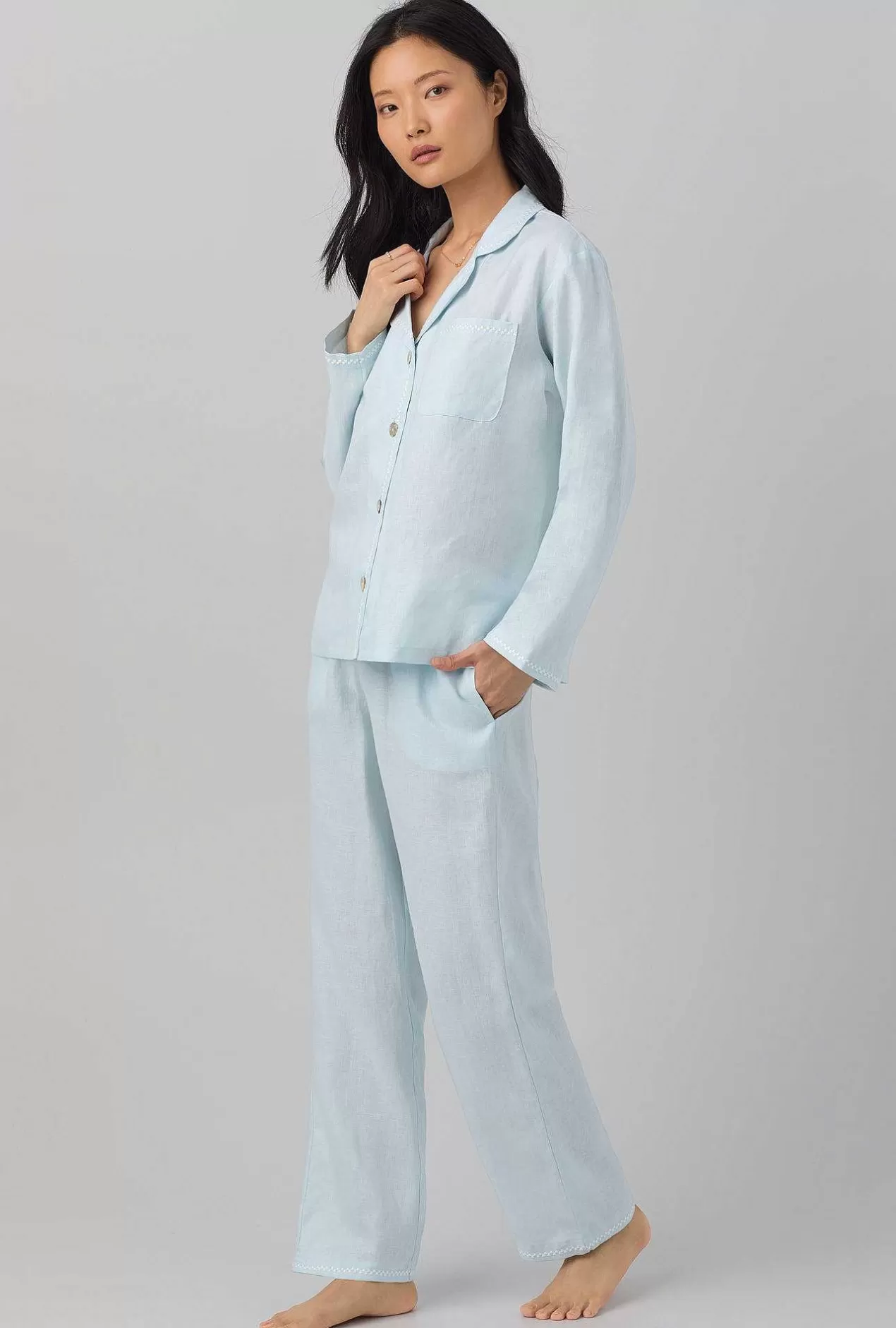 Extended Sizes*Bedhead Pajamas Delicate Blue Long Sleeve Classic Linen Pj Set