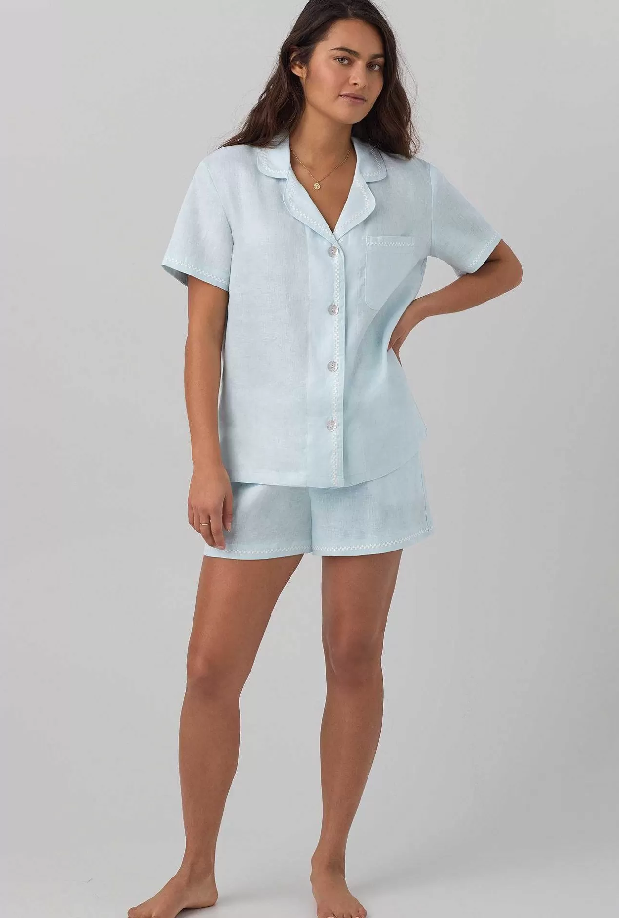 Mother'S Day*Bedhead Pajamas Delicate Blue Sleeve Classic Shorty Woven Linen Pj Set