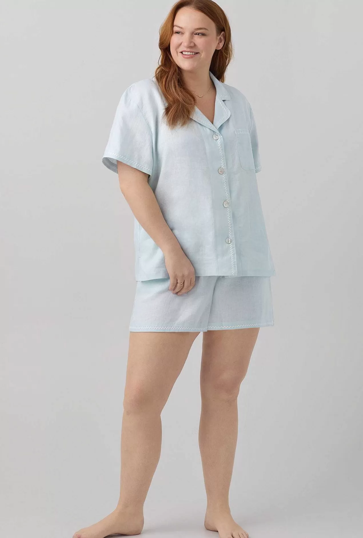 Mother'S Day*Bedhead Pajamas Delicate Blue Sleeve Classic Shorty Woven Linen Pj Set