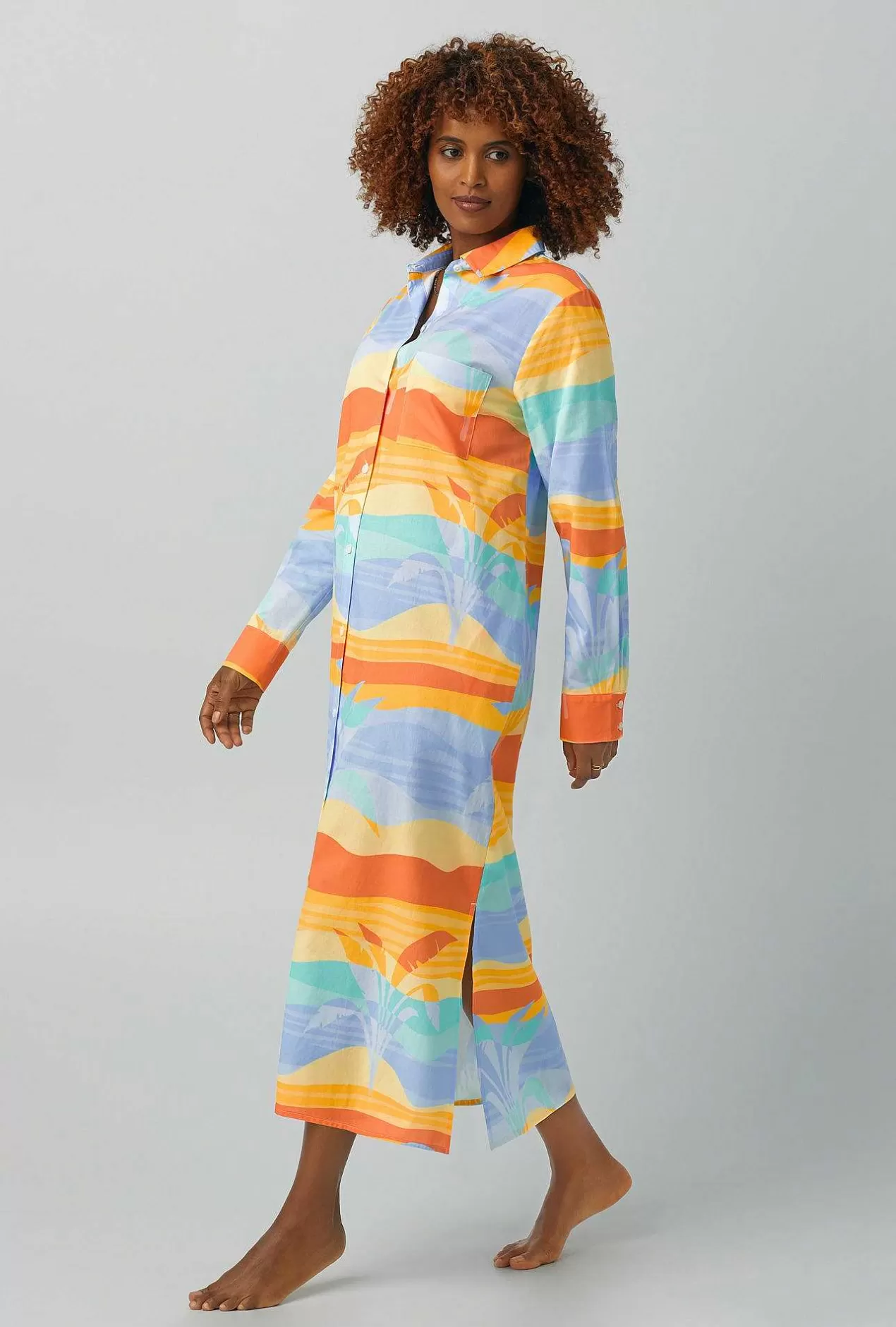 Sleepshirts & Chemises*Bedhead Pajamas Desert Palms Long Sleeve Maxi Collared Woven Cotton Poplin Sleepshirt