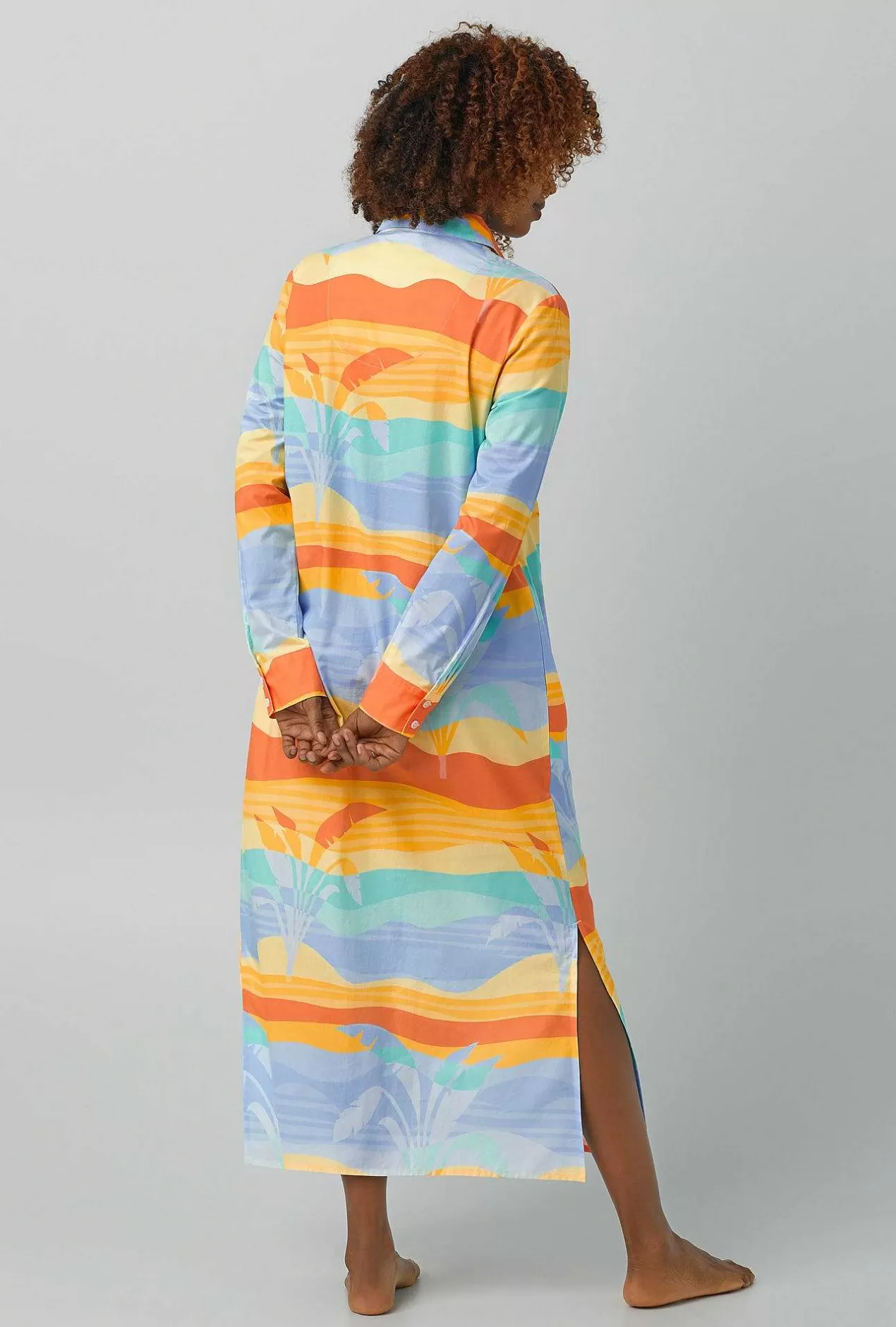 Sleepshirts & Chemises*Bedhead Pajamas Desert Palms Long Sleeve Maxi Collared Woven Cotton Poplin Sleepshirt