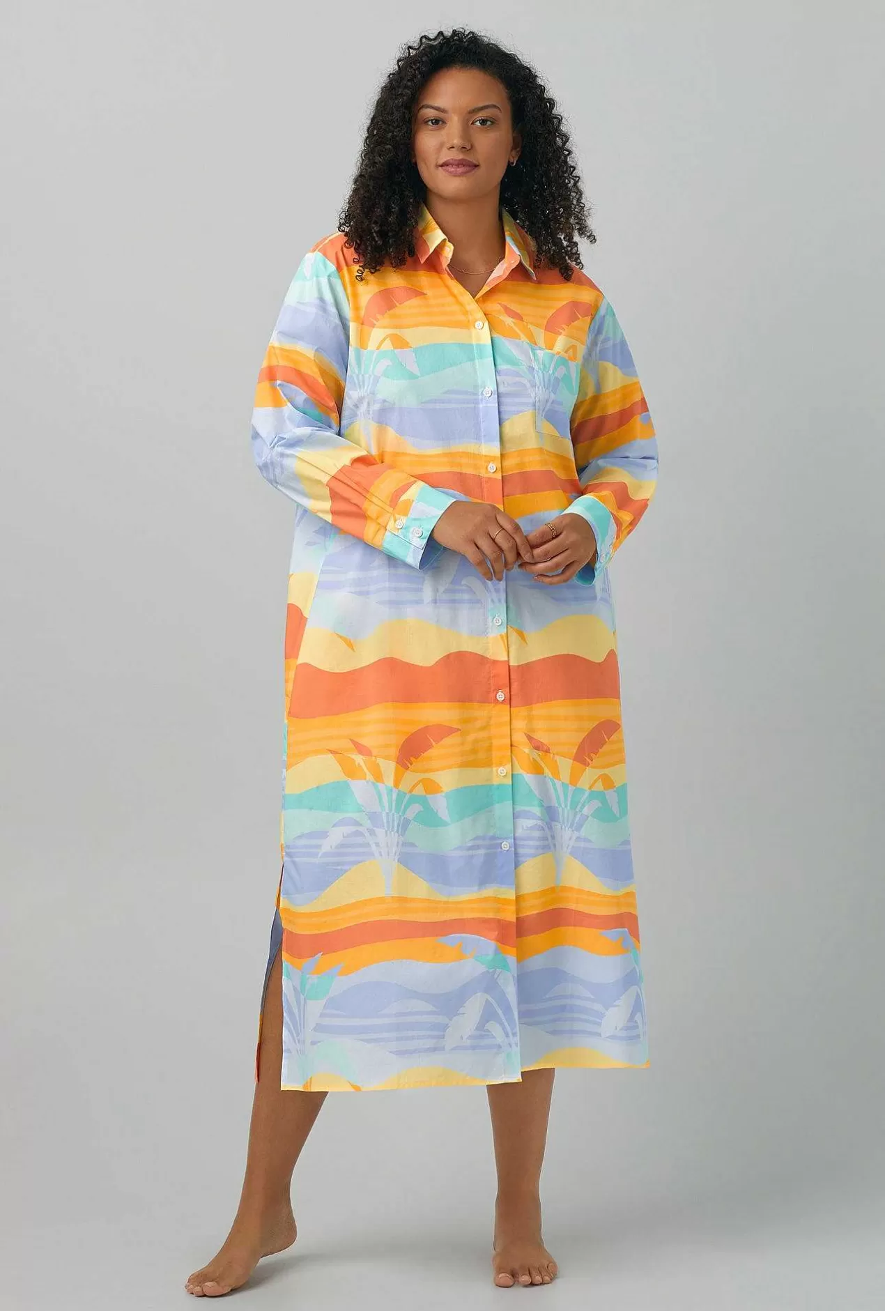 Sleepshirts & Chemises*Bedhead Pajamas Desert Palms Long Sleeve Maxi Collared Woven Cotton Poplin Sleepshirt