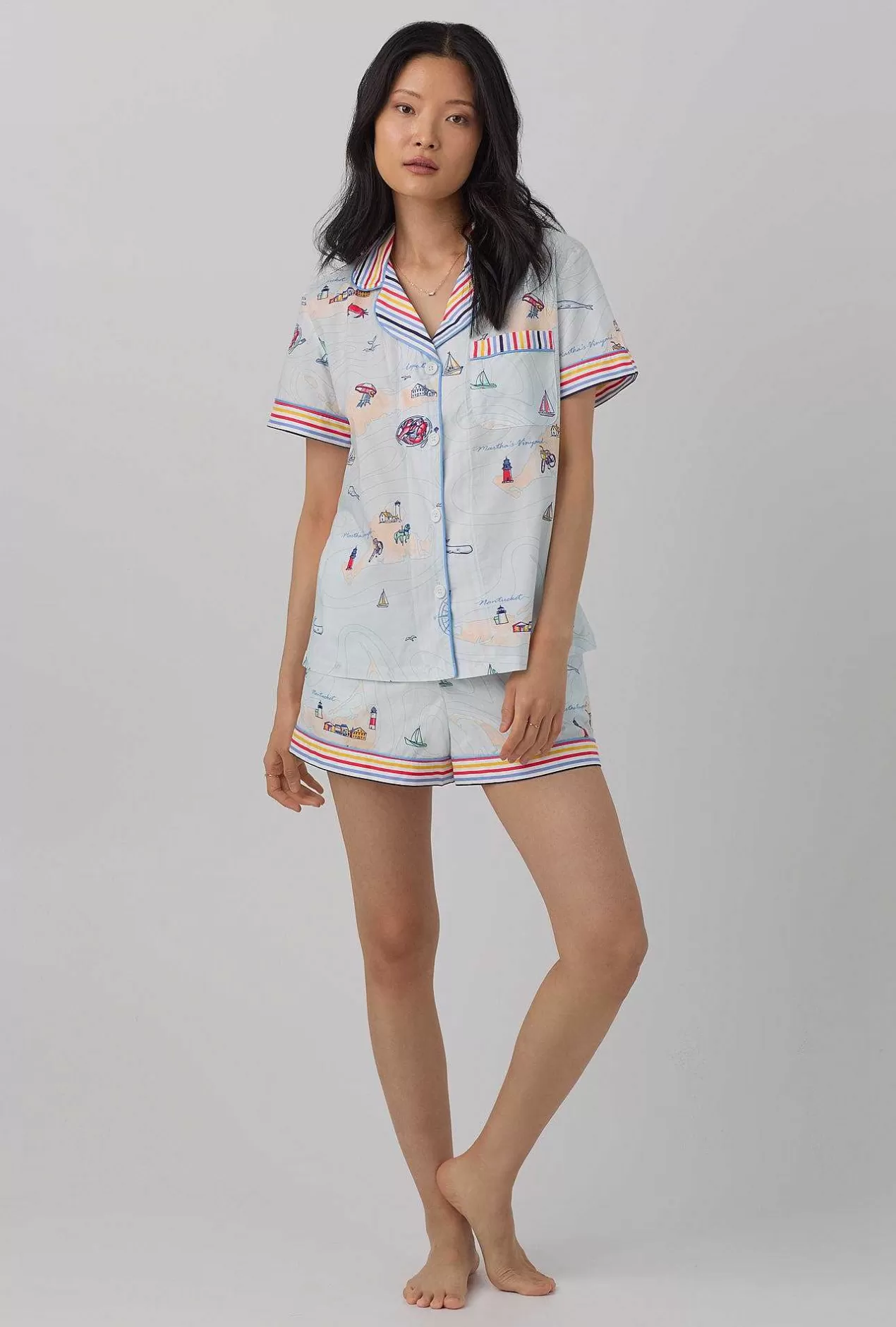 Extended Sizes*Bedhead Pajamas Eastern Seaboard Short Sleeve Classic Shorty Woven Cotton Poplin Pj Set