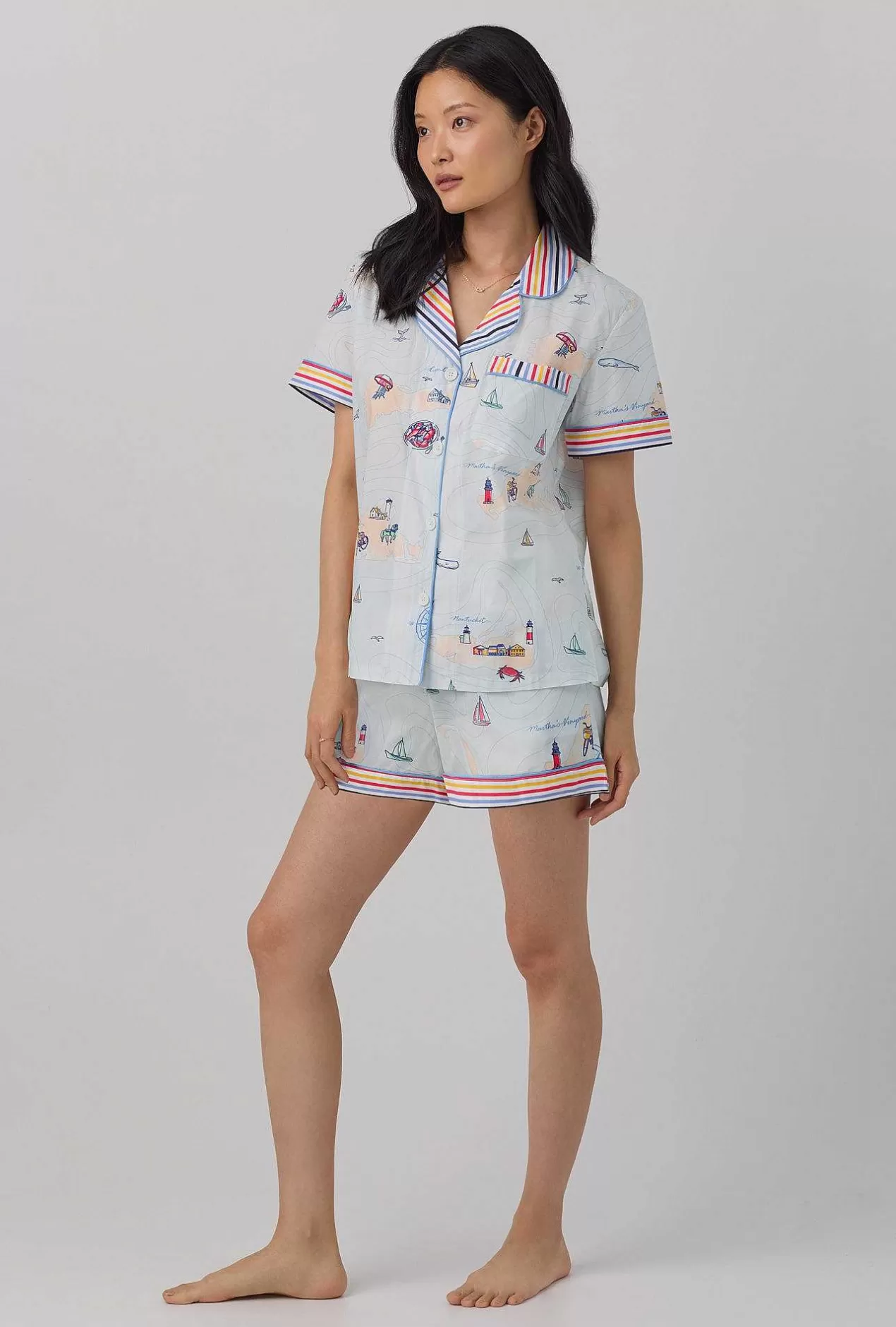 Stripe Shop*Bedhead Pajamas Eastern Seaboard Short Sleeve Classic Shorty Woven Cotton Poplin Pj Set